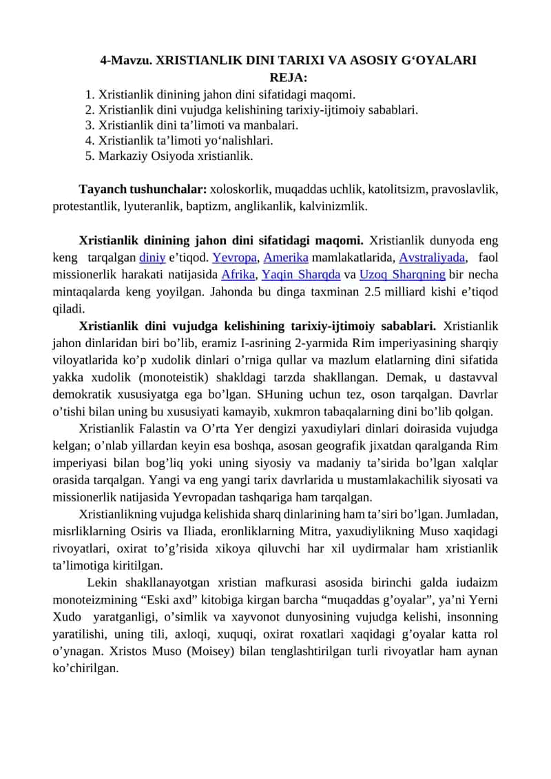 XRISTIANLIK DINI TARIXI VA ASOSIY G‘OYALARI