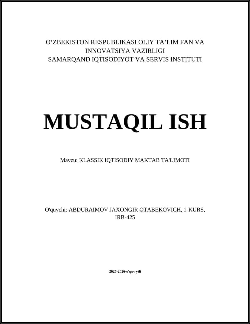 KLASSIK IQTISODIY MAKTAB TA'LIMOTI