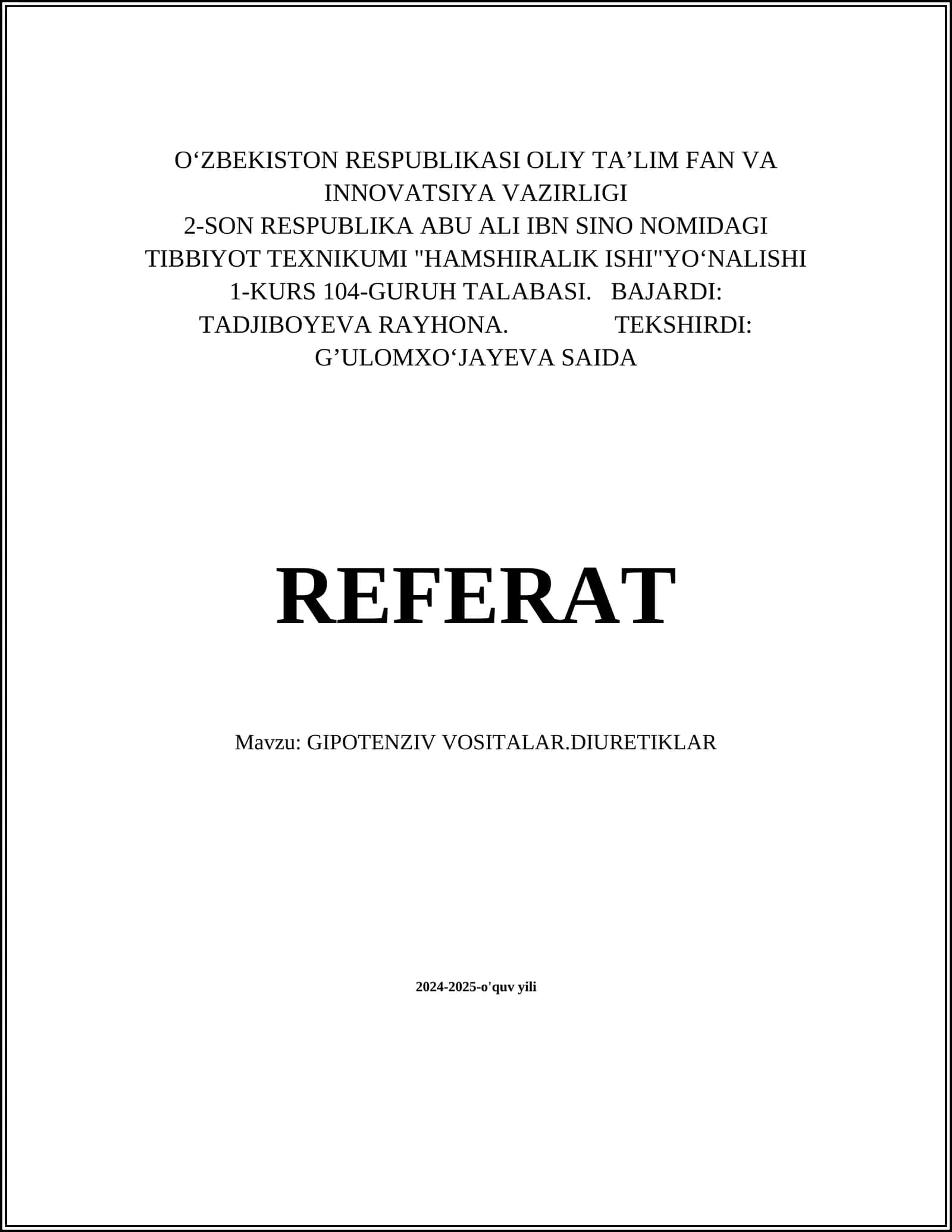 Gipotenziv vositalar.Diuretiklar