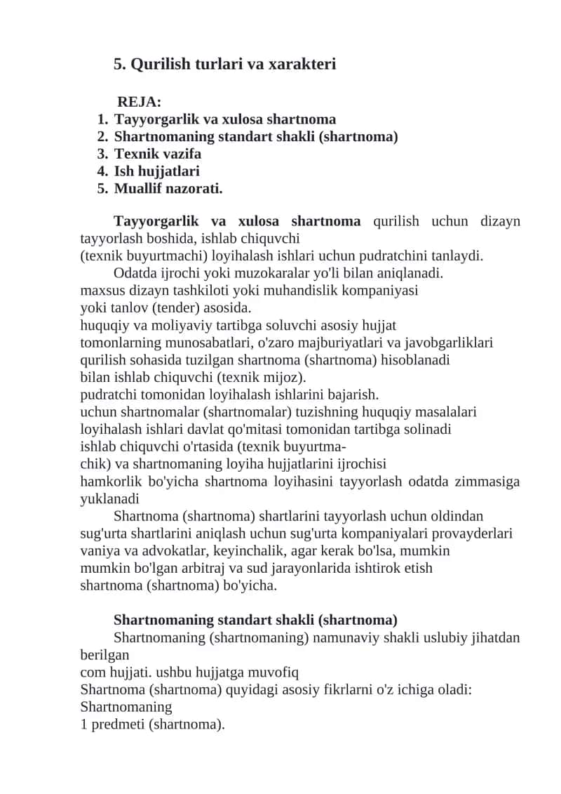 Qurilish turlari va xarakteri