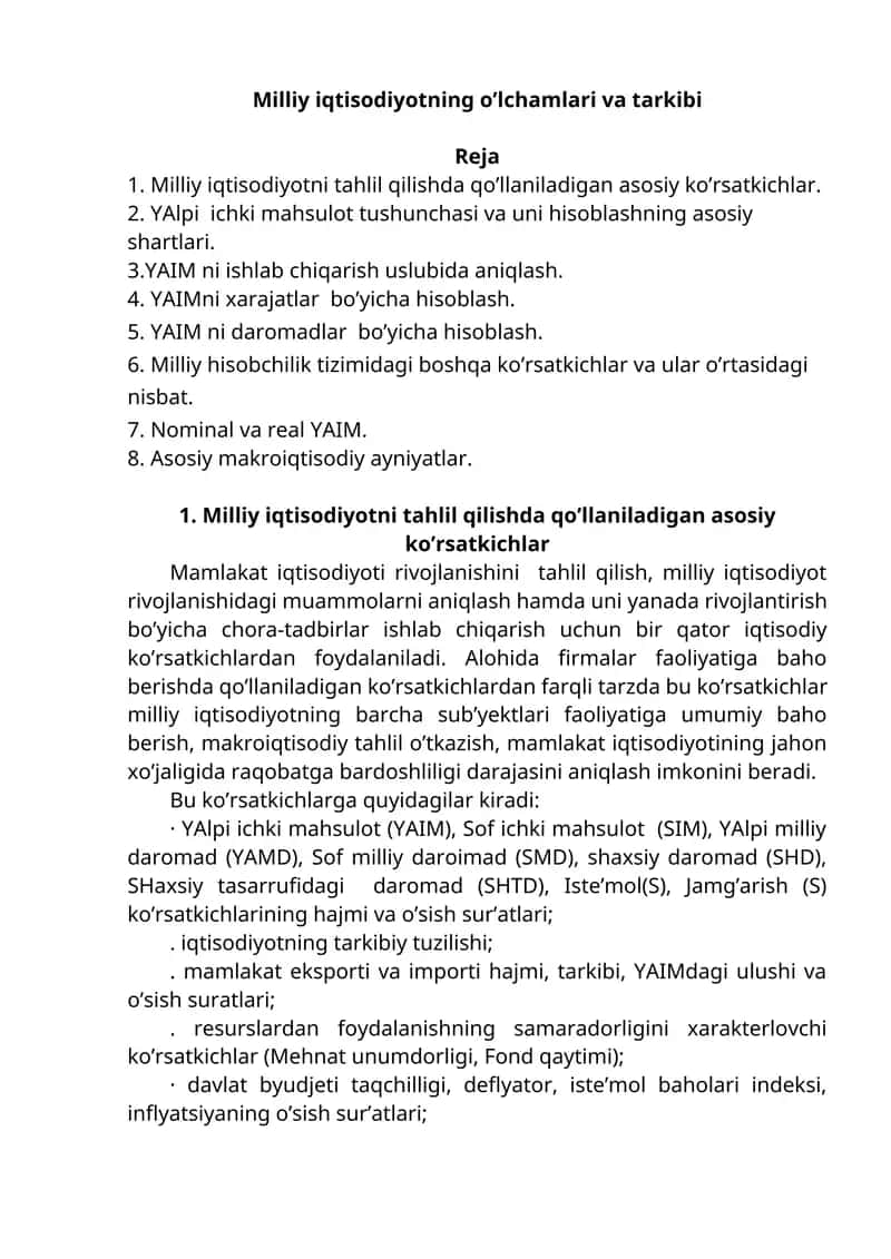 Milliy iqtisodiyotning oʼlchamlari va tarkibi