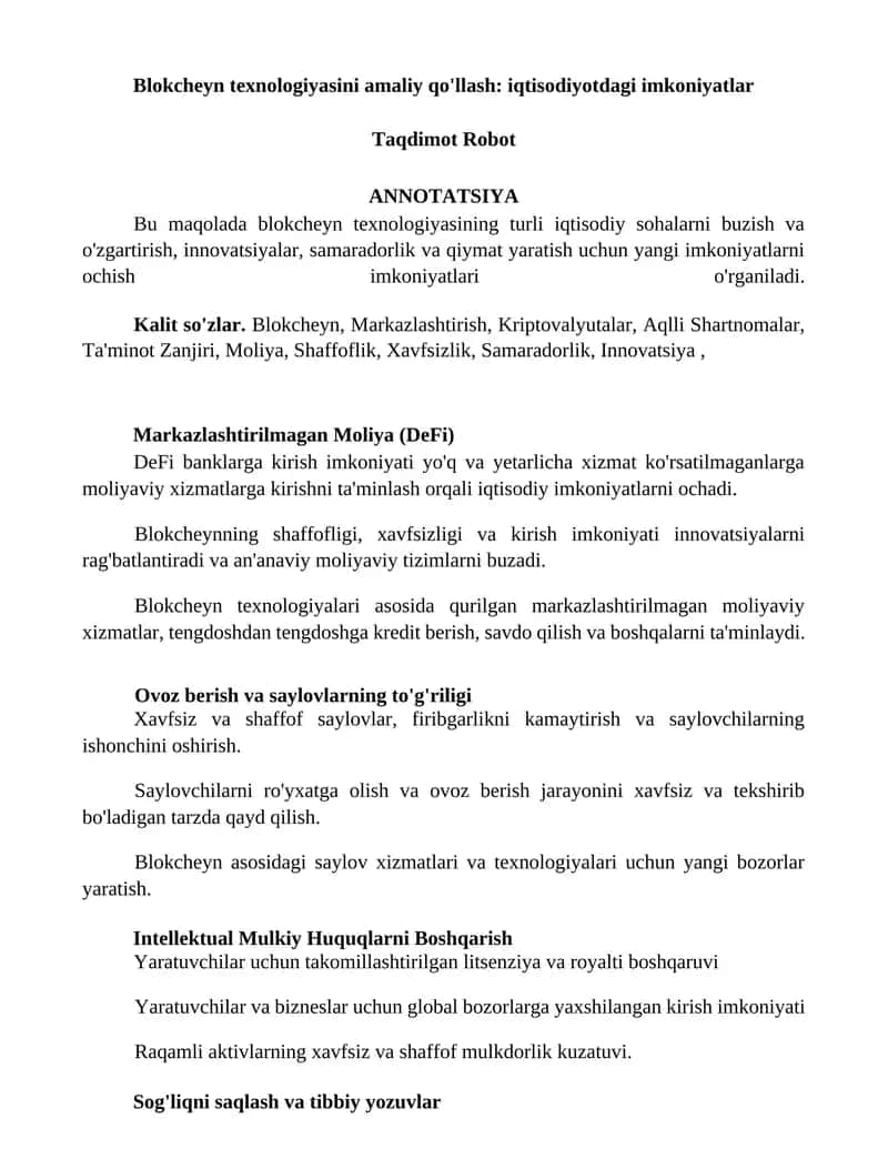 Blokcheyn texnologiyasini amaliy qo'llash: iqtisodiyotdagi imkoniyatlar