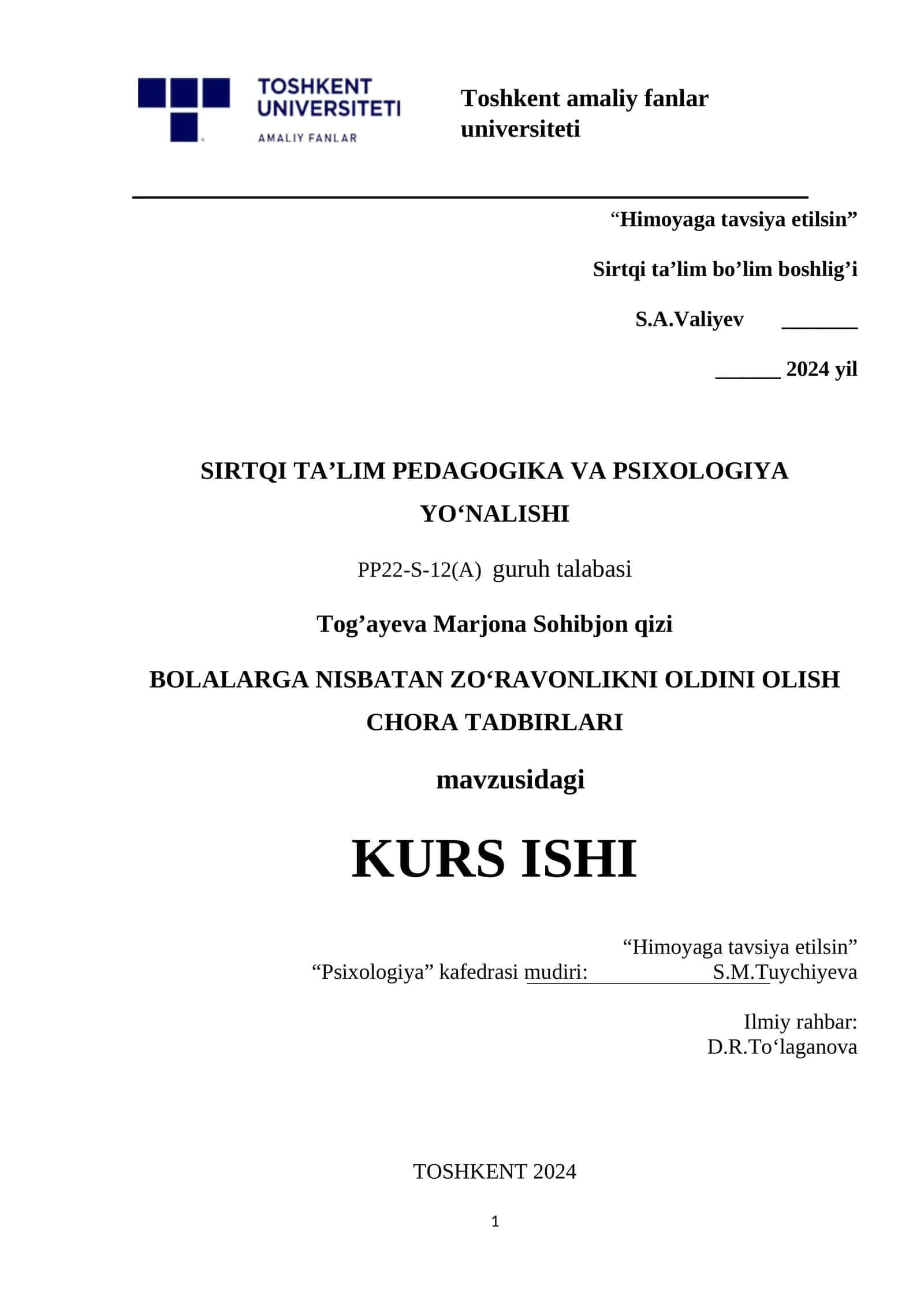 Bolalarga Nisbatan Zoʻravonlikni Oldini Olish Chora Tadbirlari