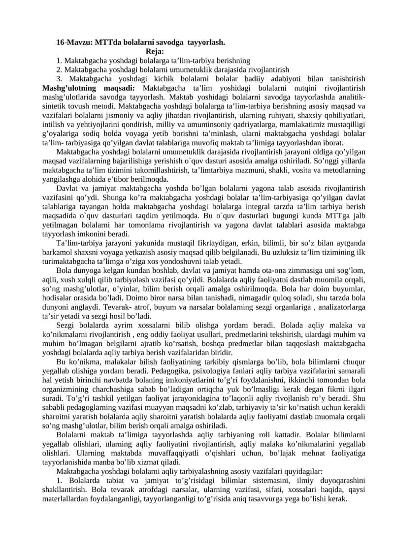 MTTda bolalarni savodga tayyorlash