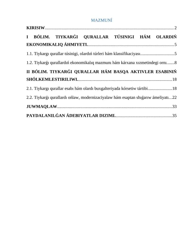 TIYKARǴI QURALLAR TÚSINIGI HÁM OLARDIŃ EKONOMIKALIQ ÁHMIYETI