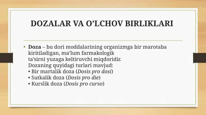DOZALAR VA O’LCHOV BIRLIKLARI