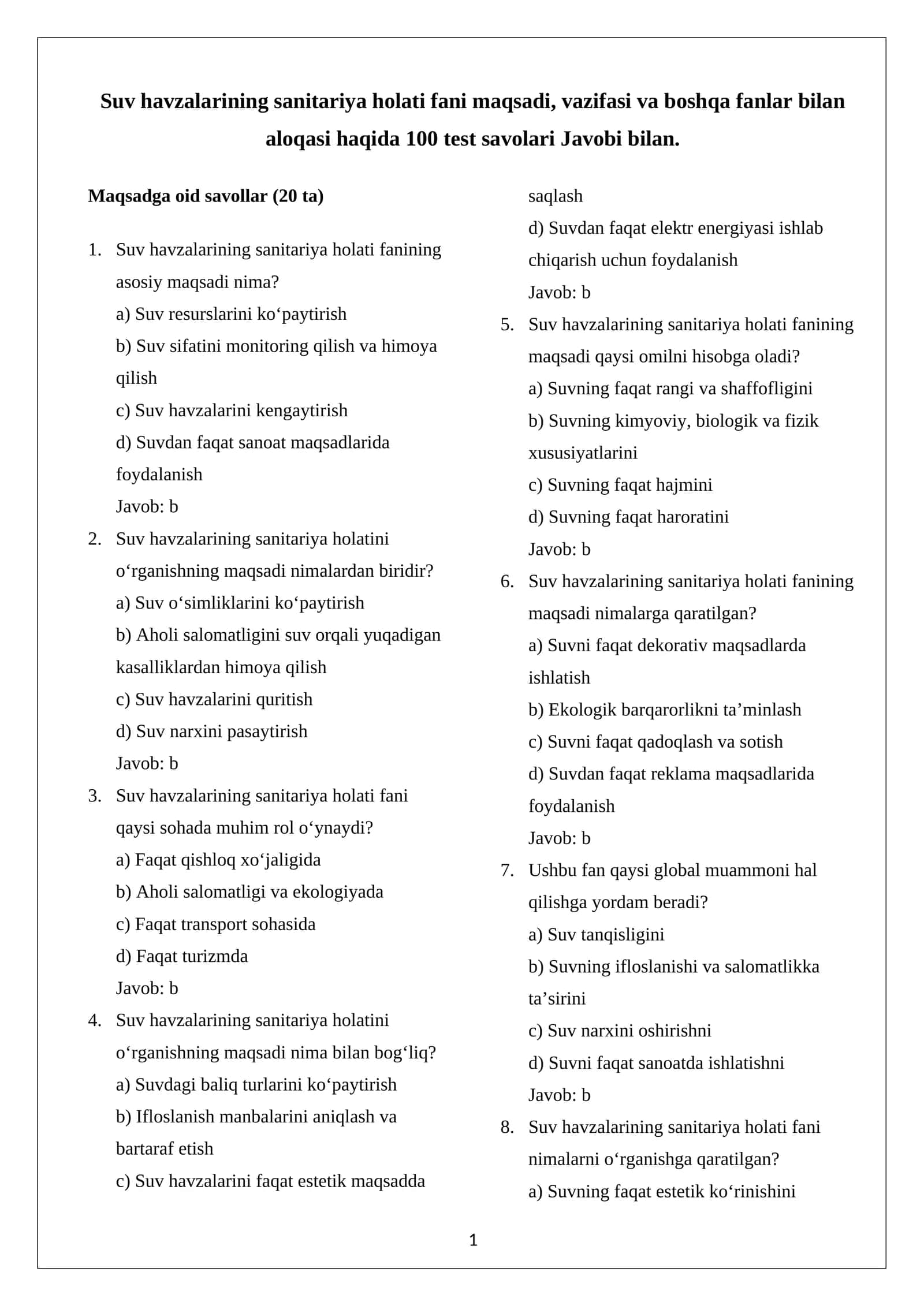 Suv havzalarining sanitariya holati fani maqsadi, vazifasi va boshqa fanlar bilan aloqasi haqida 100 test savolari Javobi bilan