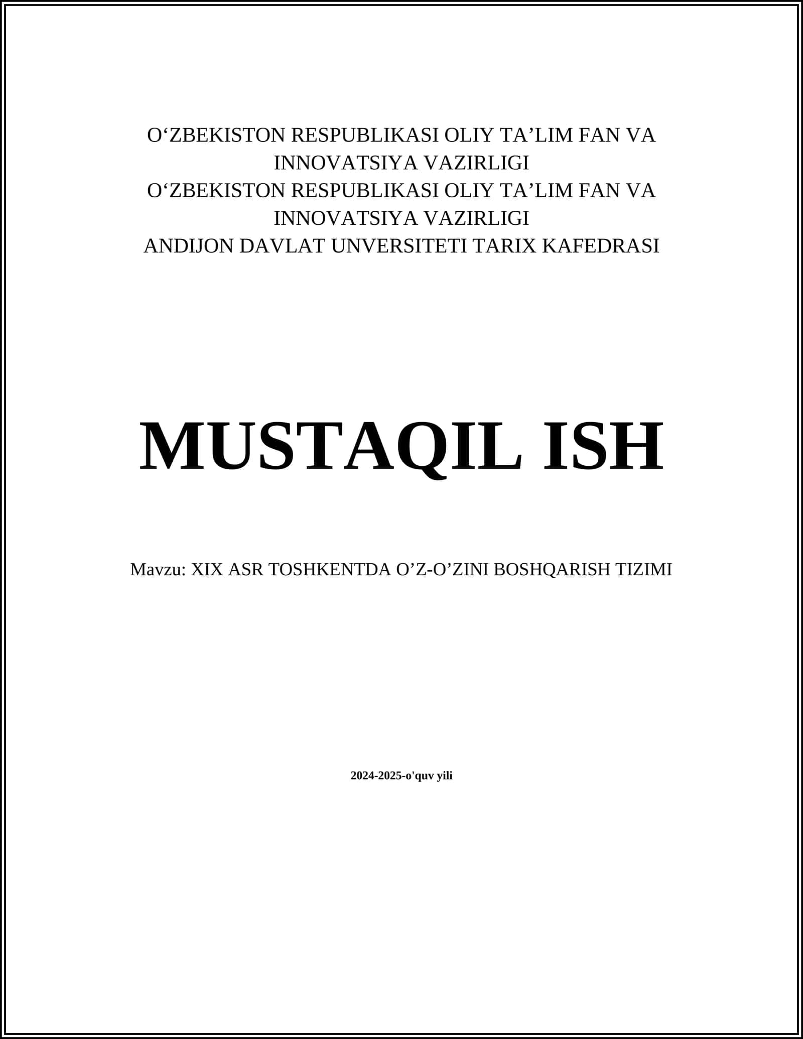 XIX ASR TOSHKENTDA O’Z-O’ZINI BOSHQARISH TIZIMI