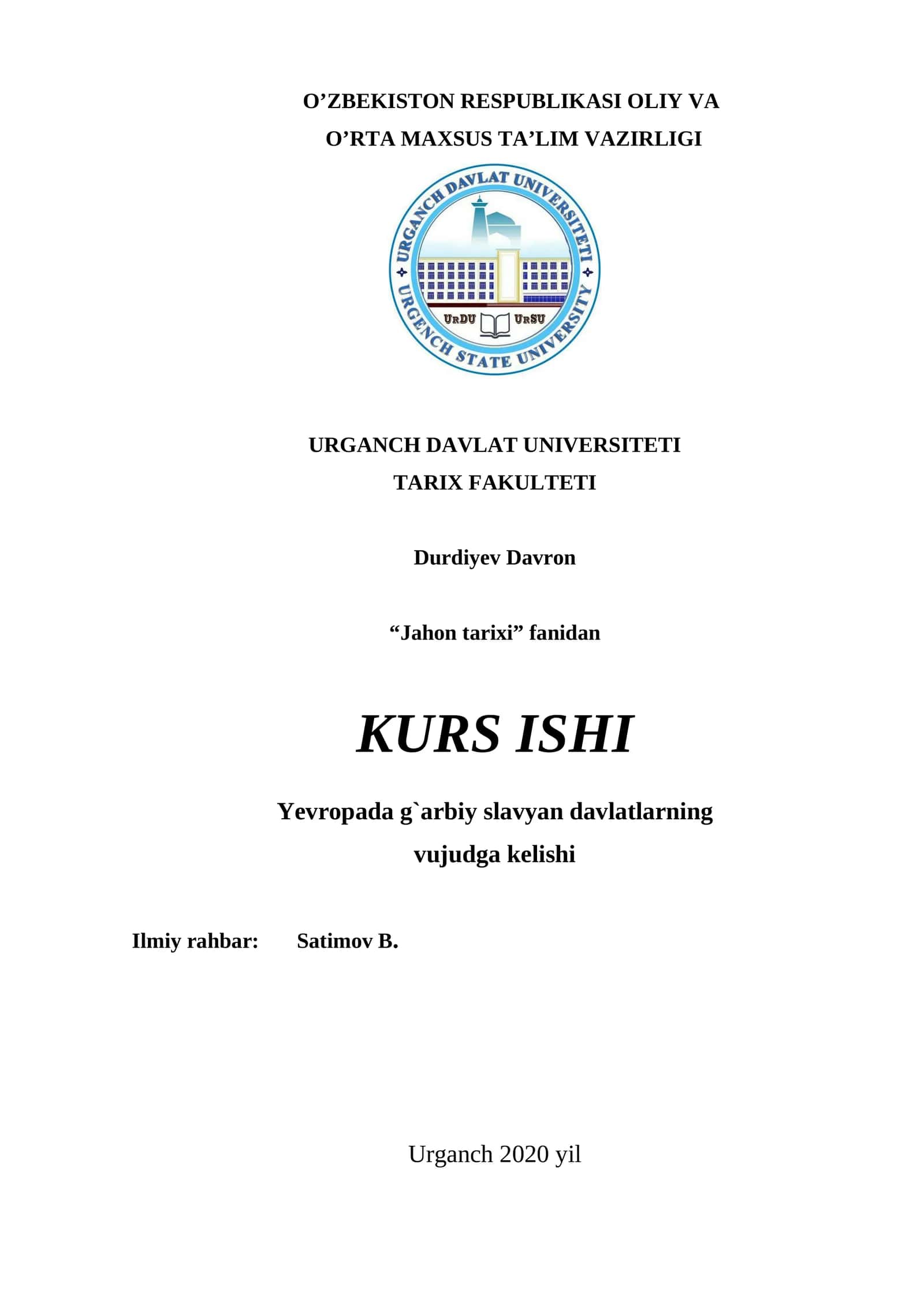 Jahon tarixi fanidan kurs ishi