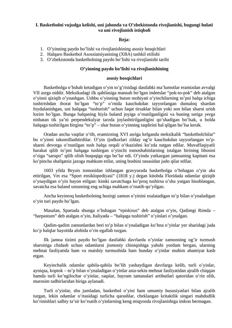 Basketbolni vujudga kelishi, uni jahonda va O’zbekistonda rivojlanishi, bugungi holati va uni rivojlanish istiqboli