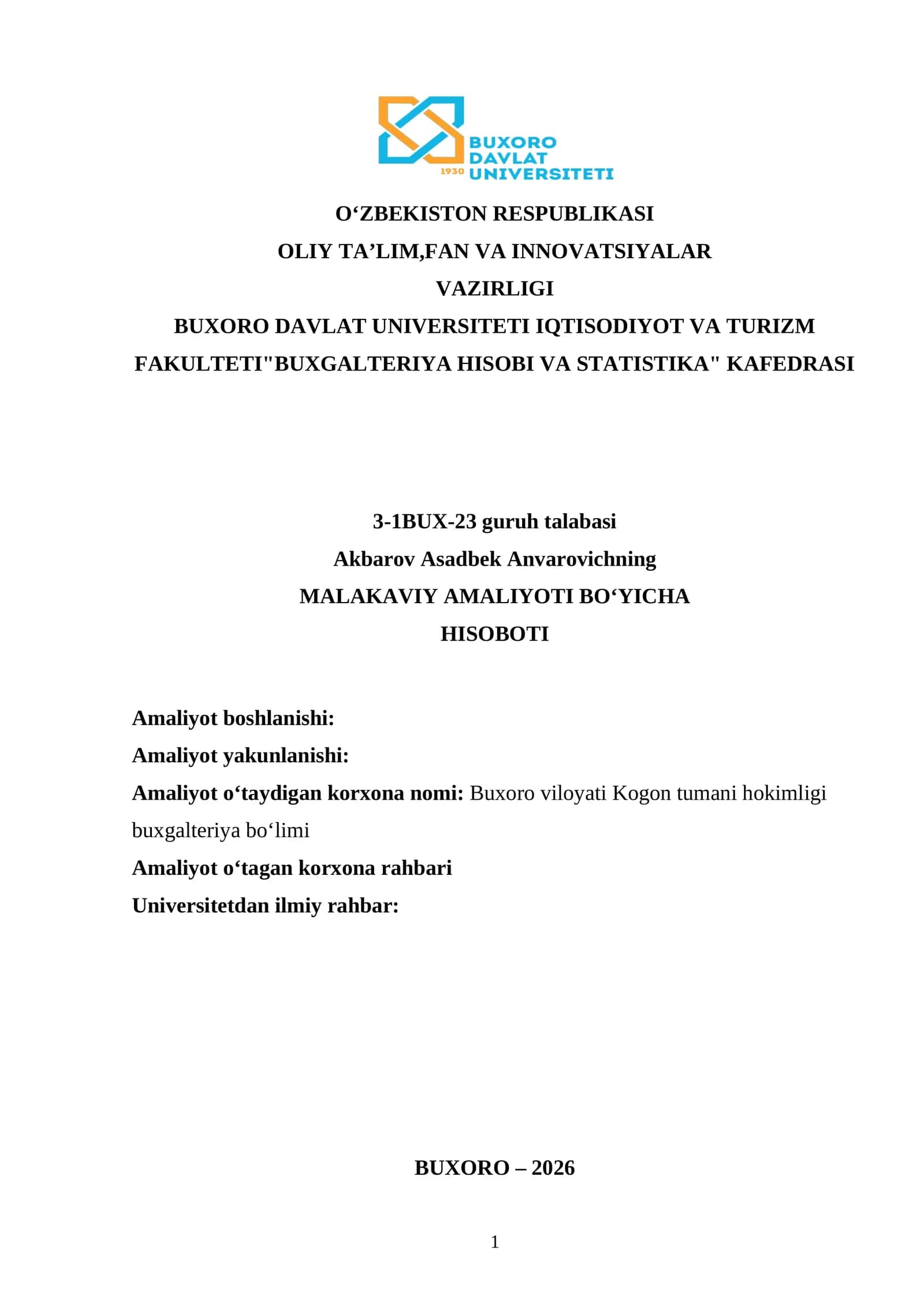 MALAKAVIY AMALIYOTI BO‘YICHA HISOBOTI. Buxoro viloyati Kogon tumani hokimligi buxgalteriya bo‘limi
