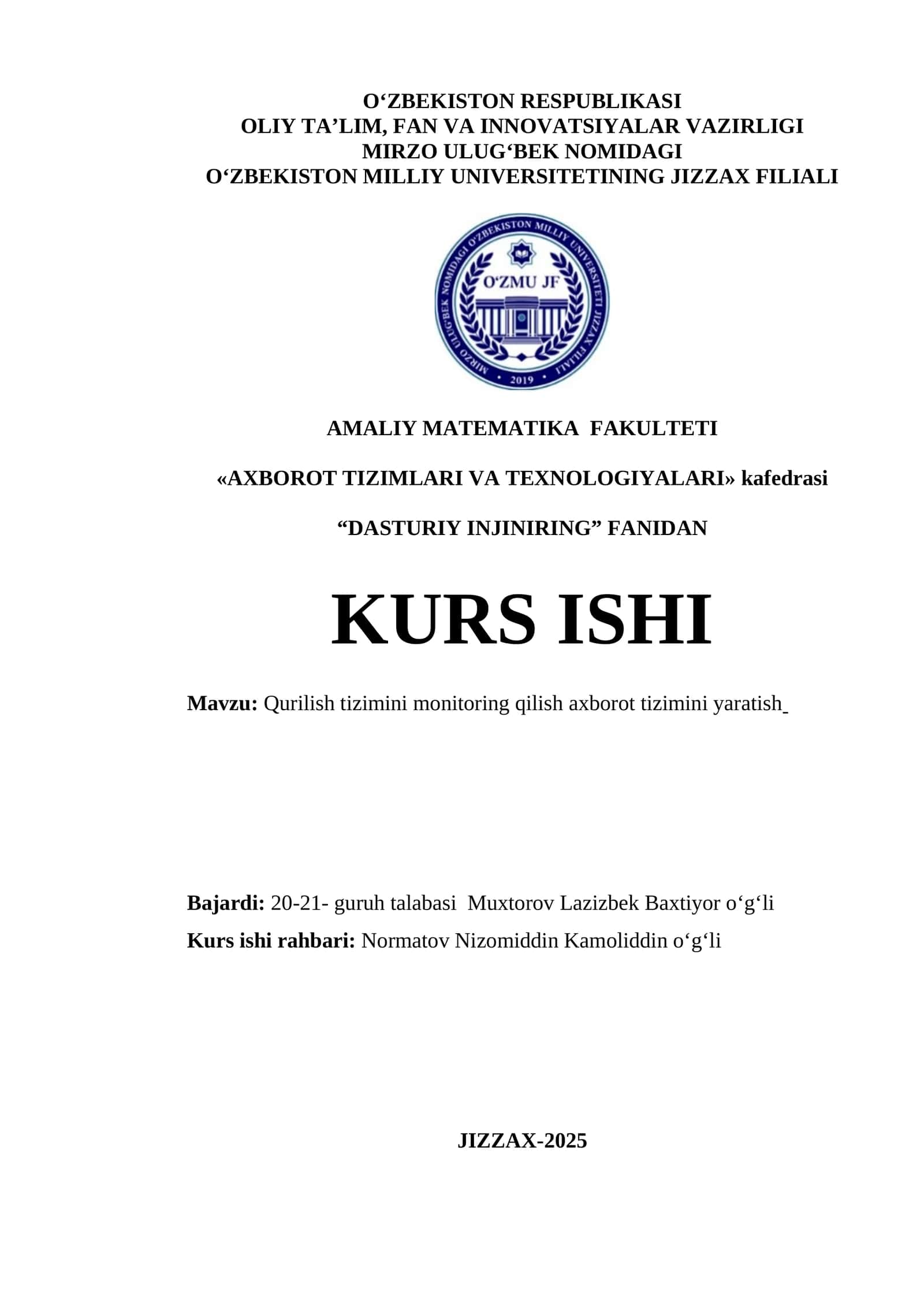 Qurilish tizimini monitoring qilish axborot tizimini yaratish