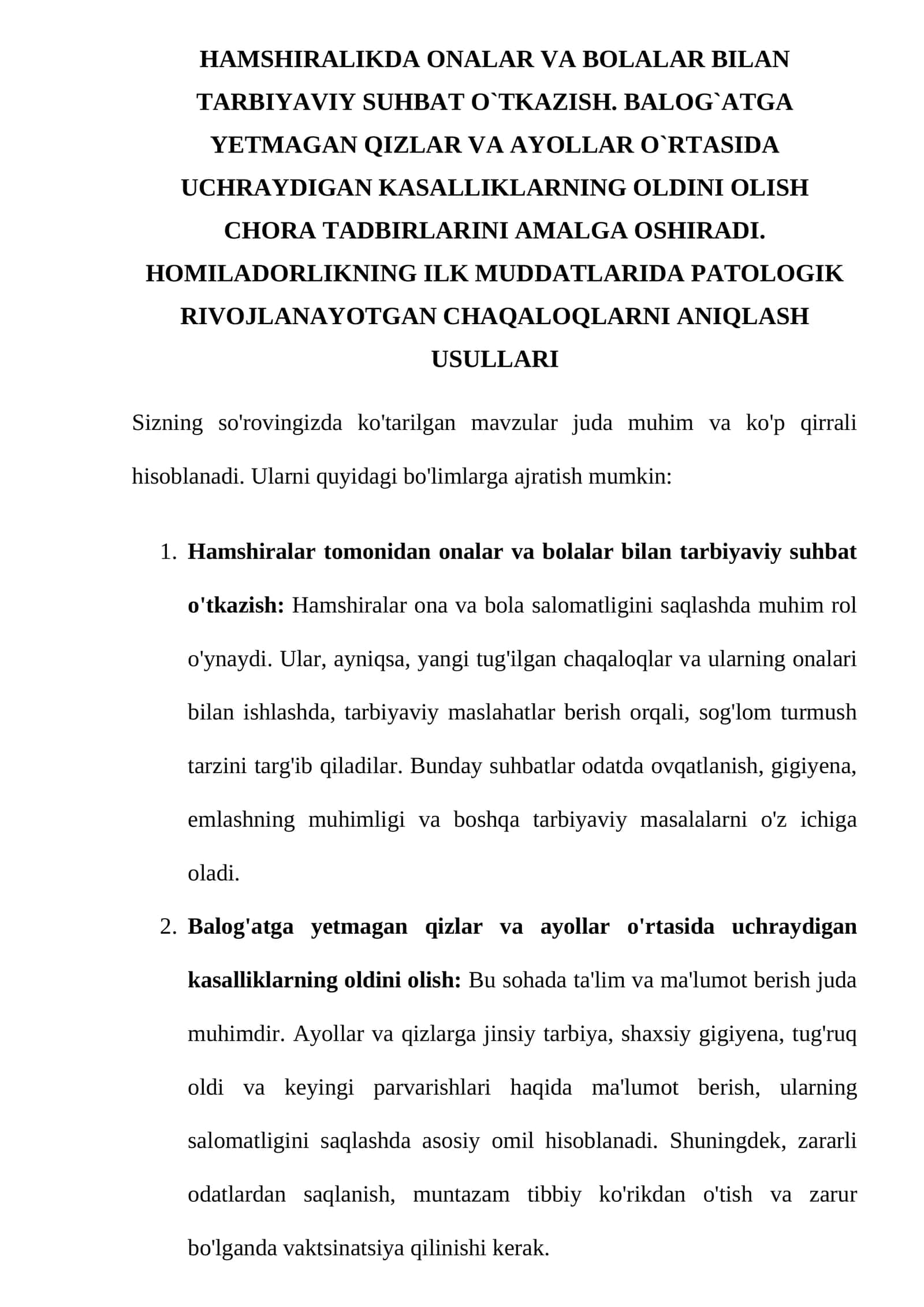 Hamshirlikda Onalar va Bolalar bilan Tarbiyaviy Suhbat O'tkazish