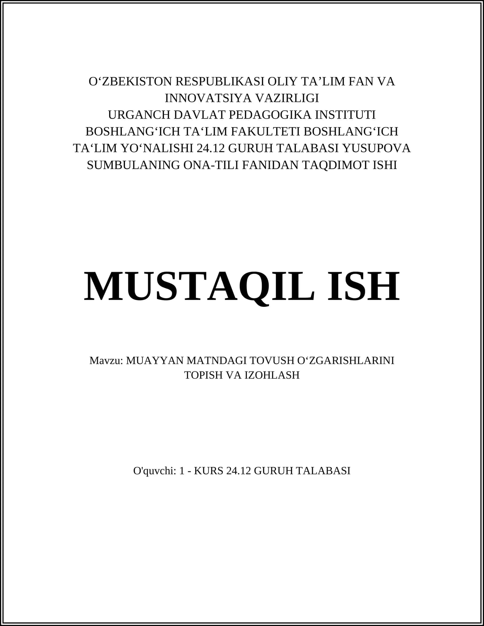 ONA-TILI FANIDAN TAQDIMOT ISHI MUSTAQIL ISH
