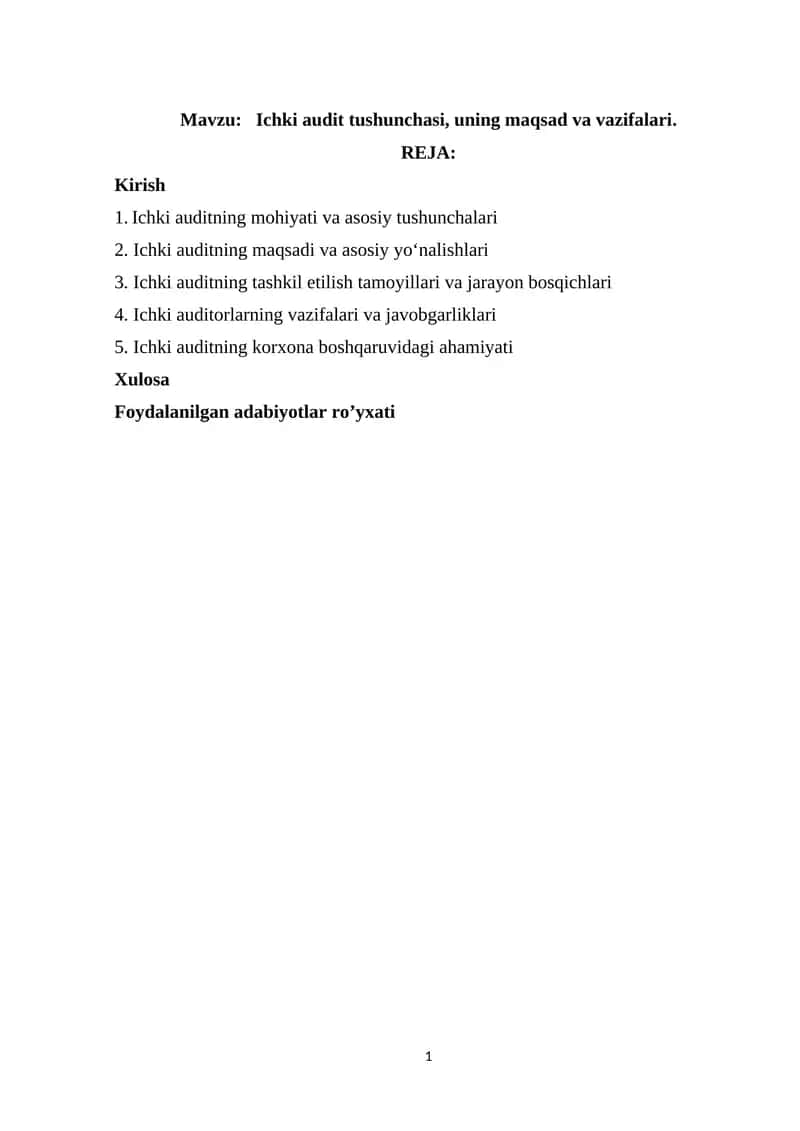 Ichki audit tushunchasi, uning maqsad va vazifalari