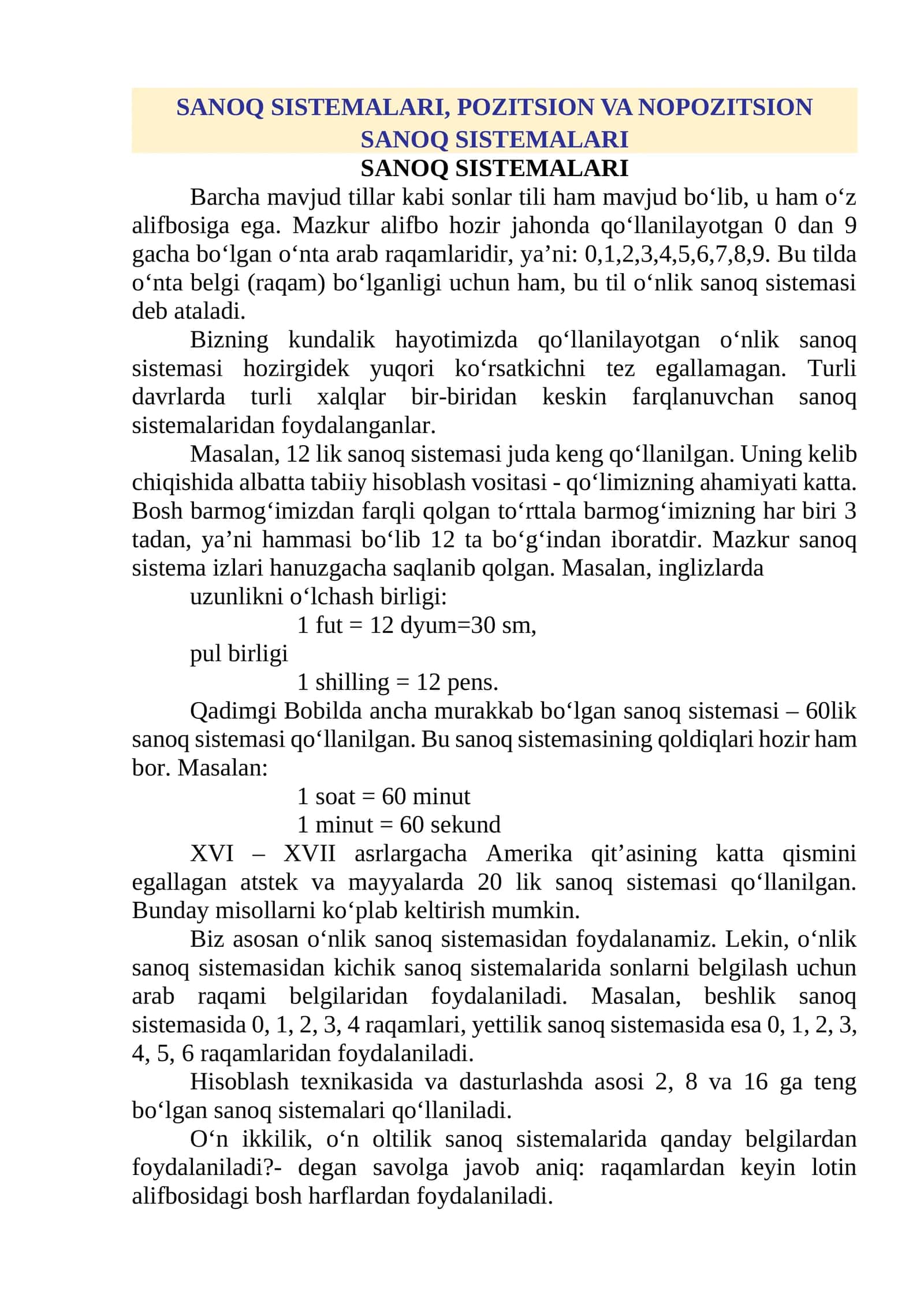 SANOQ SISTEMALARI, POZITSION VA NOPOZITSION SANOQ SISTEMALARI
