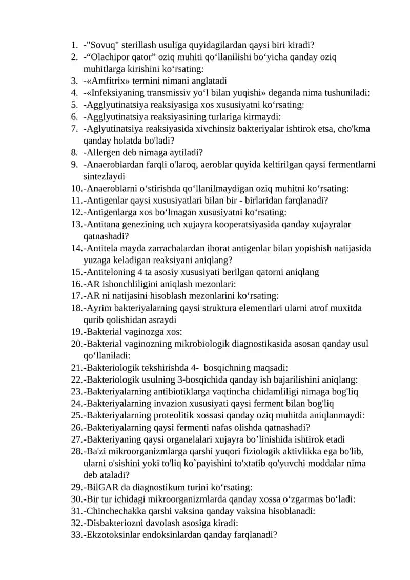 Mikrobiologiya va immunologiya fanidan test savollari