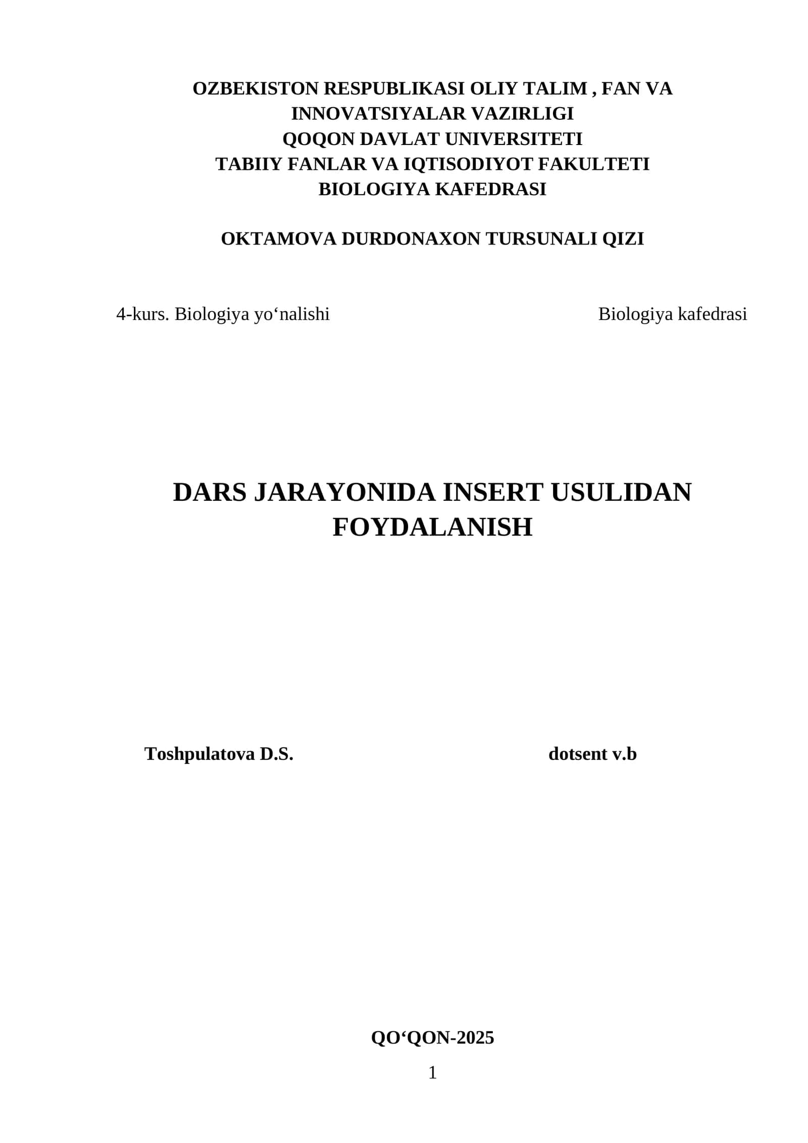 Dars jarayonida "INSERT USULI"dan foydalanish
