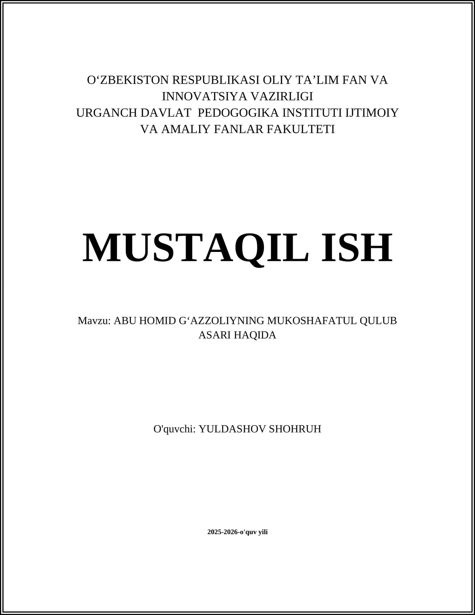 ABU HOMID GʻAZZOLIYNING MUKOSHAFATUL QULUB ASARI