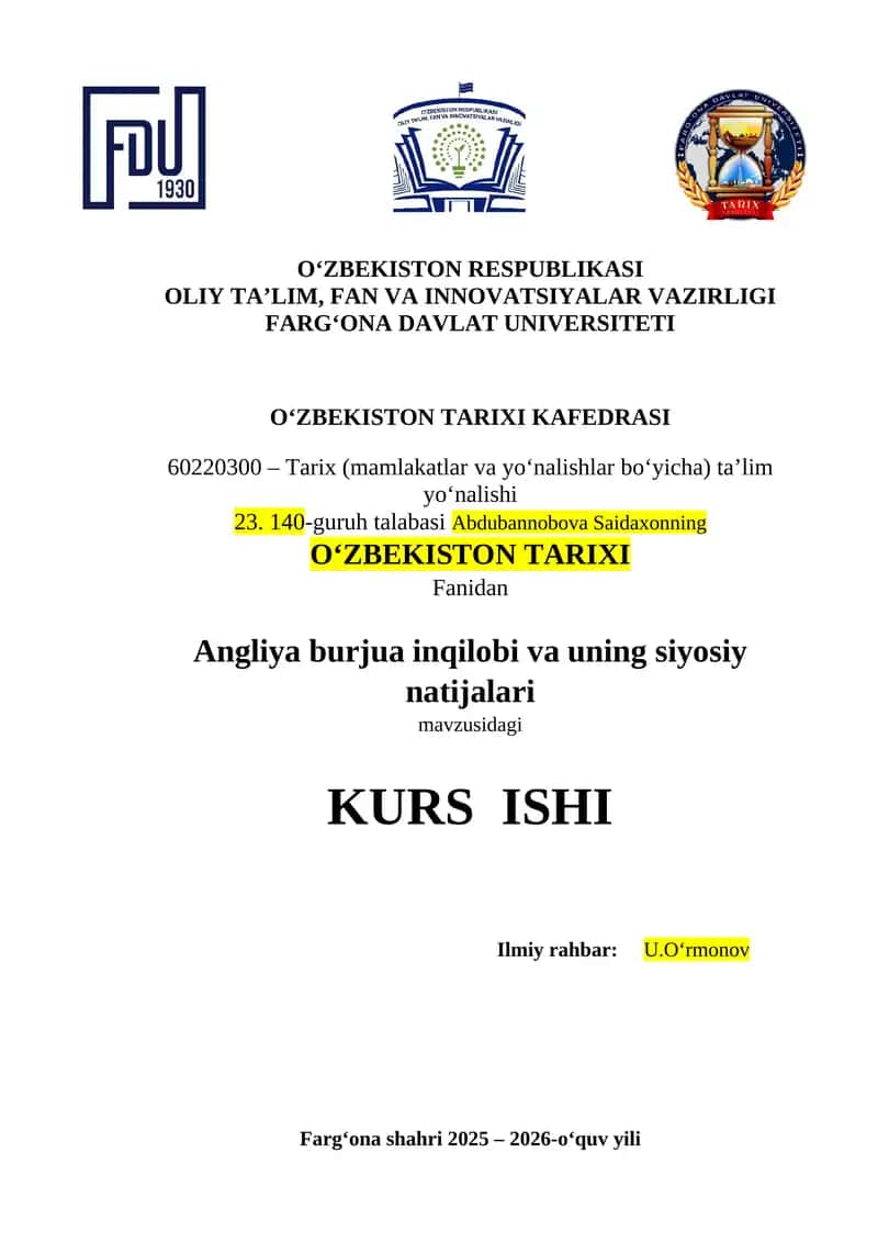 Angliya burjua inqilobi va uning siyosiy natijalari