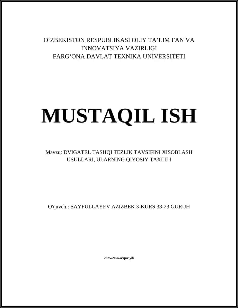 DVIGATEL TASHQI TEZLIK TAVSIFINI XISOBLASH USULLARI