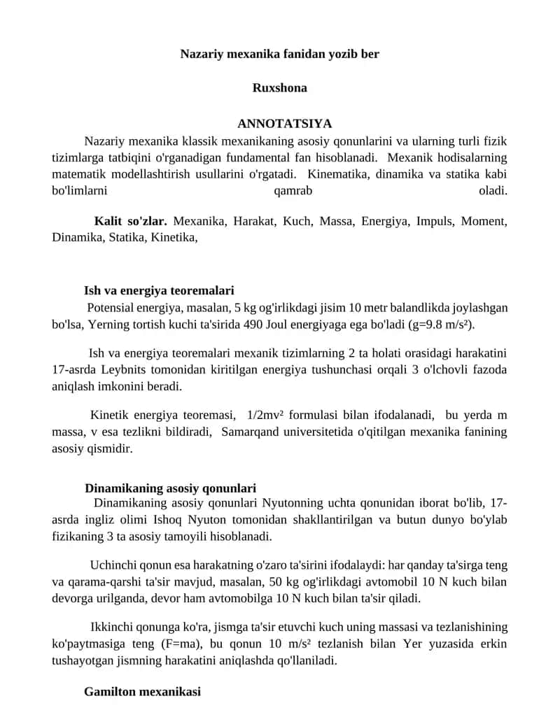 Nazariy mexanika fanidan yozib ber