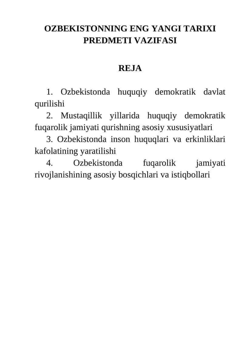 O'zbekistonning eng yangi tarixi vazifasi