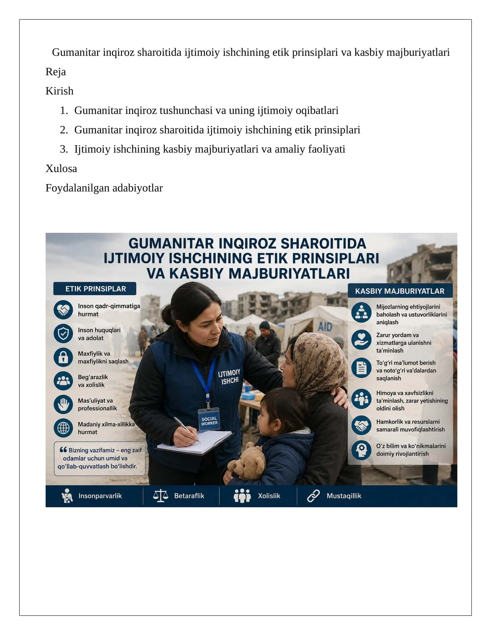 Gumanitar inqiroz sharoitida ijtimoiy ishchining etik prinsiplari va kasbiy majburiyatlari