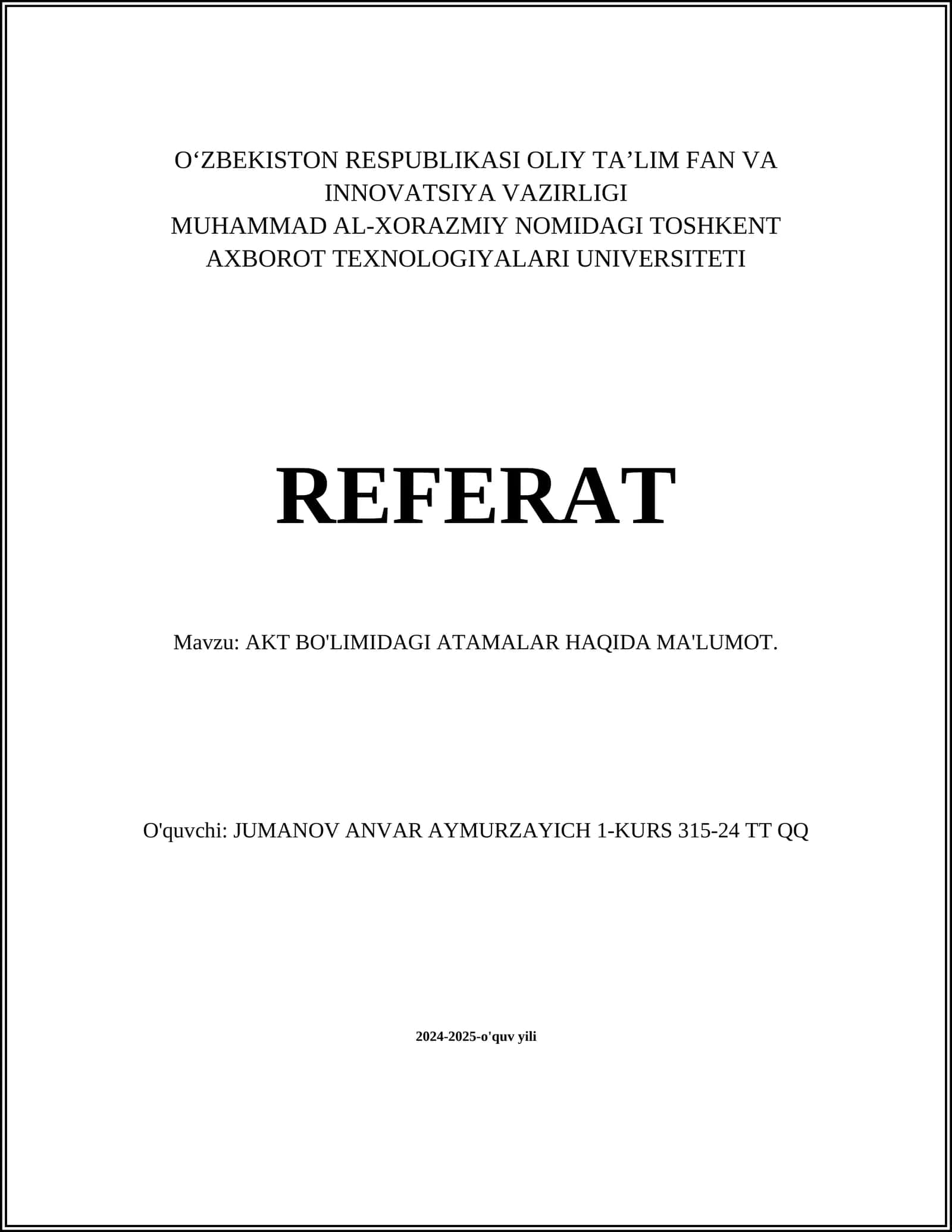 AKT BO'LIMIDAGI ATAMALAR HAQIDA MA'LUMOT