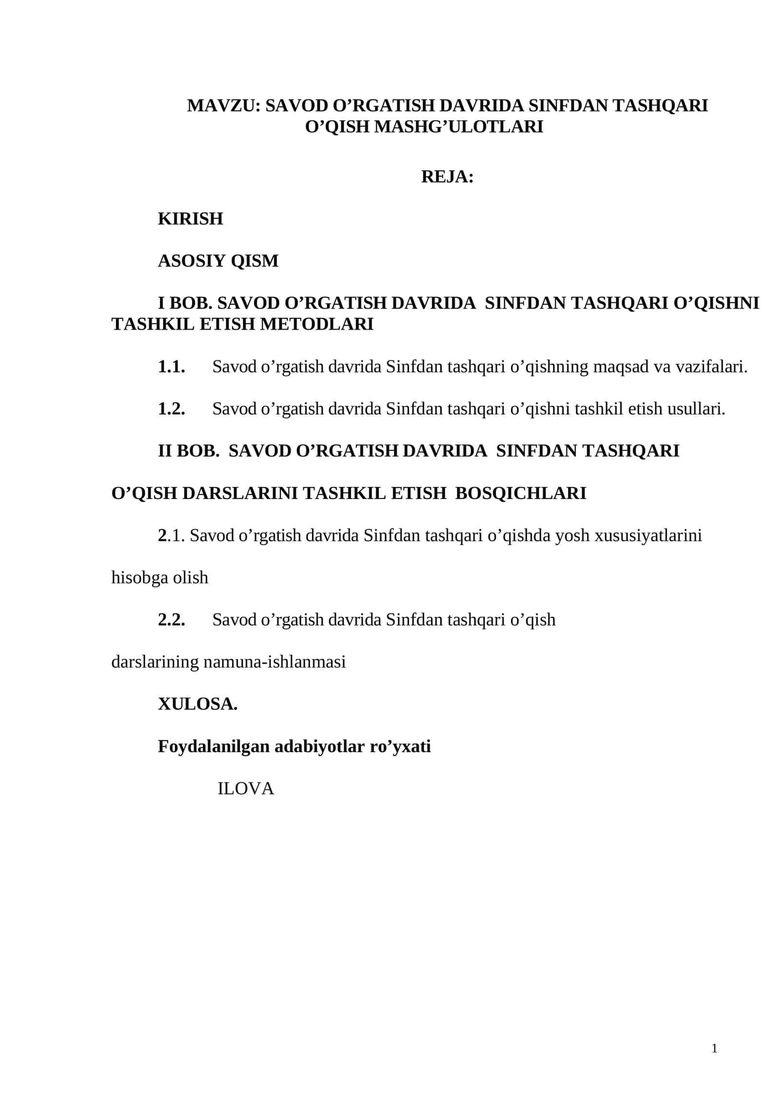 SAVOD O’RGATISH DAVRIDA SINFDAN TASHQARI O’QISH MASHG’ULOTLARI