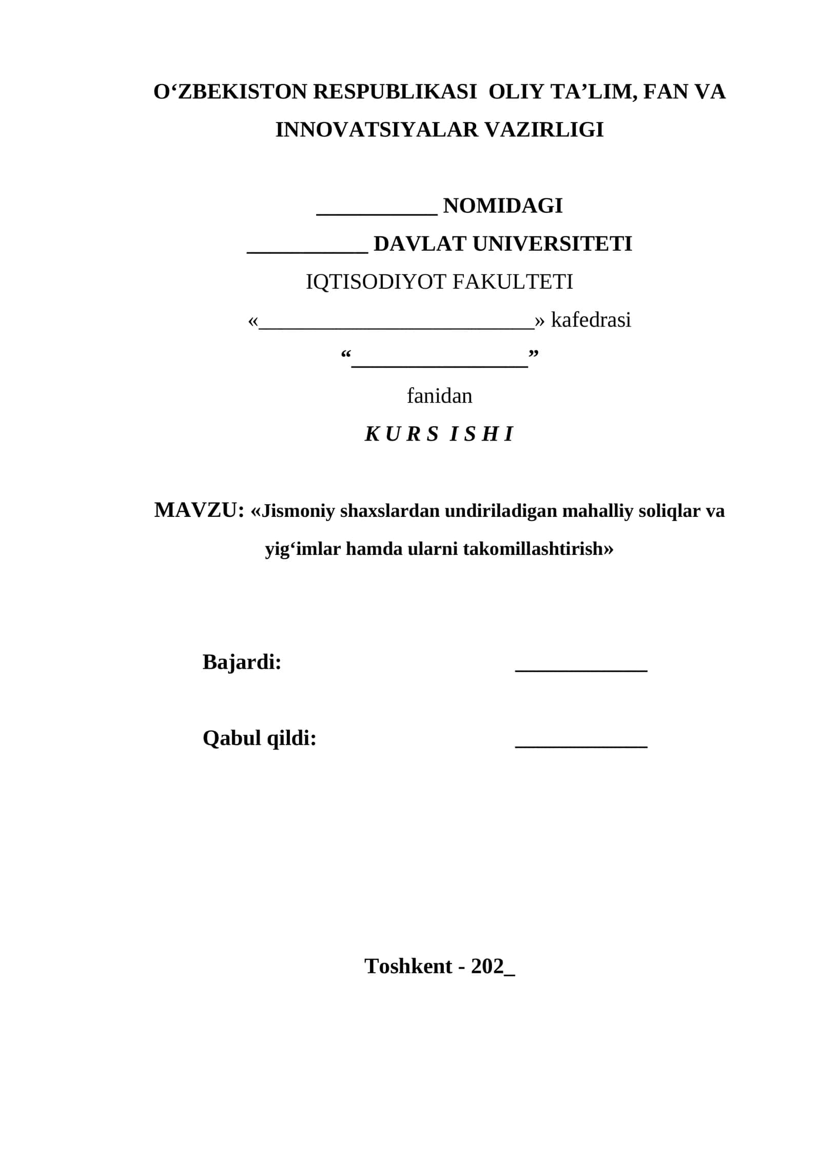 Jismoniy shaxslardan undiriladigan mahalliy soliqlar va yig‘imlar hamda ularni takomillashtirish