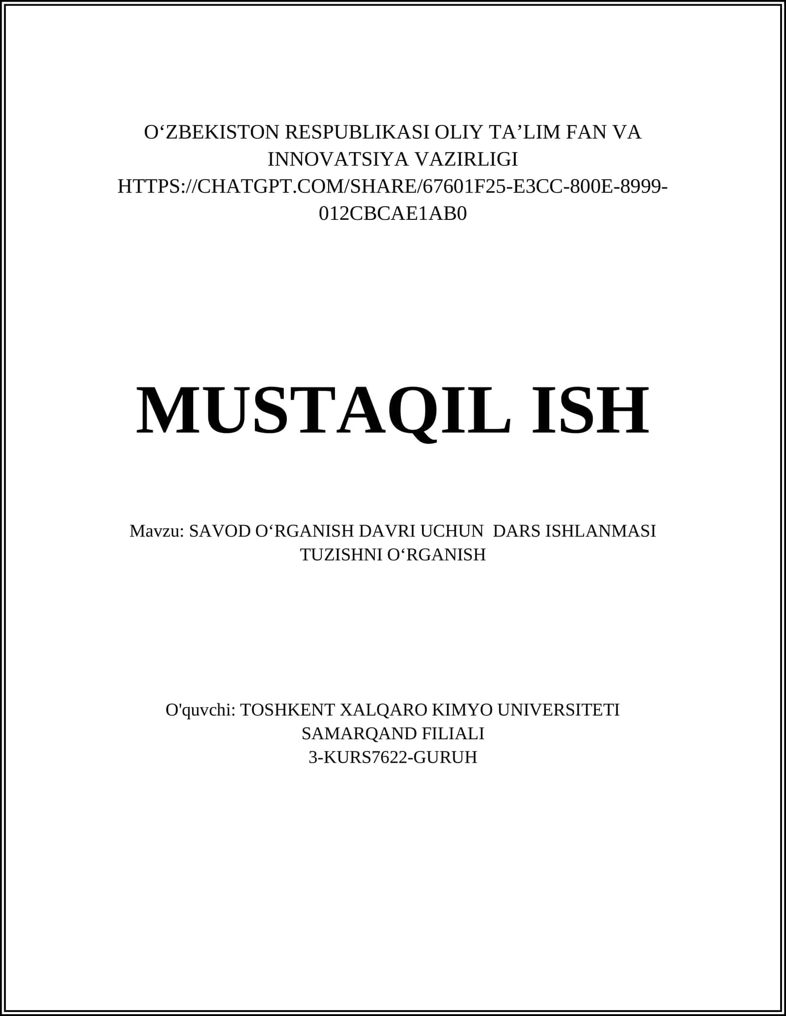 SAVOD OʻRGANISH DAVRI UCHUN DARS ISHLANMASI TUZISHNI OʻRGANISH