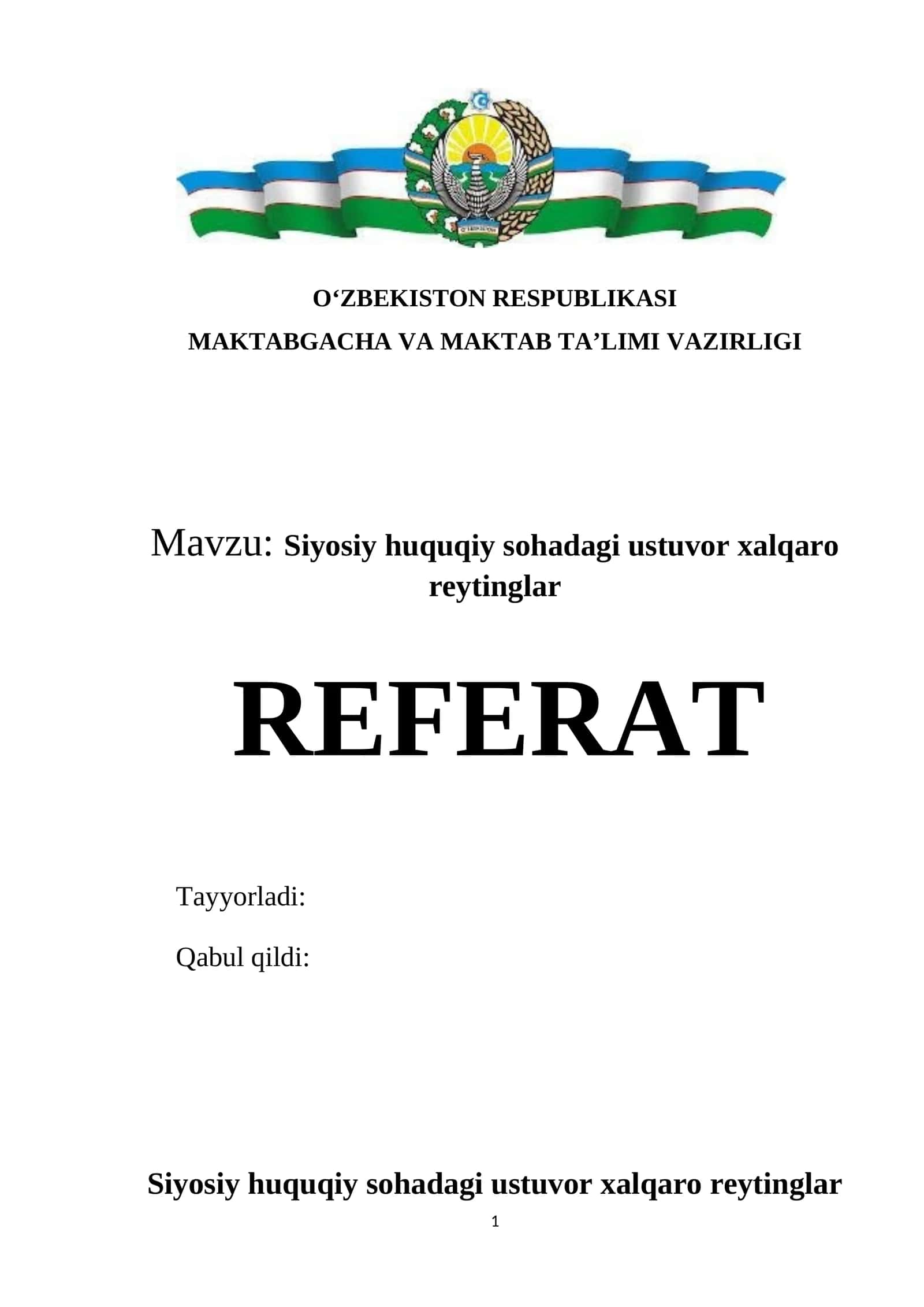 Siyosiy huquqiy sohadagi ustuvor xalqaro reytinglar