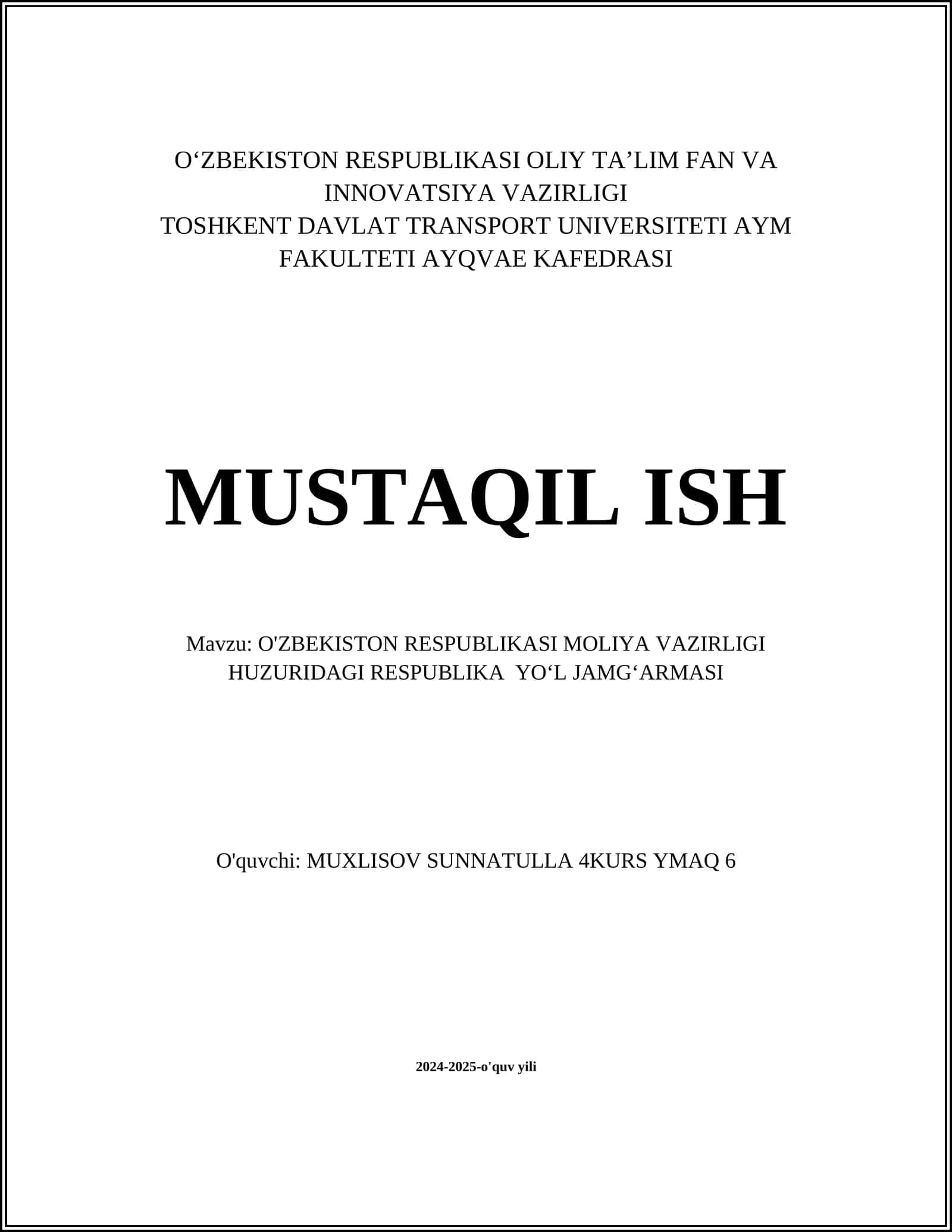 O'ZBEKISTON RESPUBLIKASI MOLIYA VAZIRLIGI HUZURIDAGI RESPUBLIKA YO‘L JAMG‘ARMASI