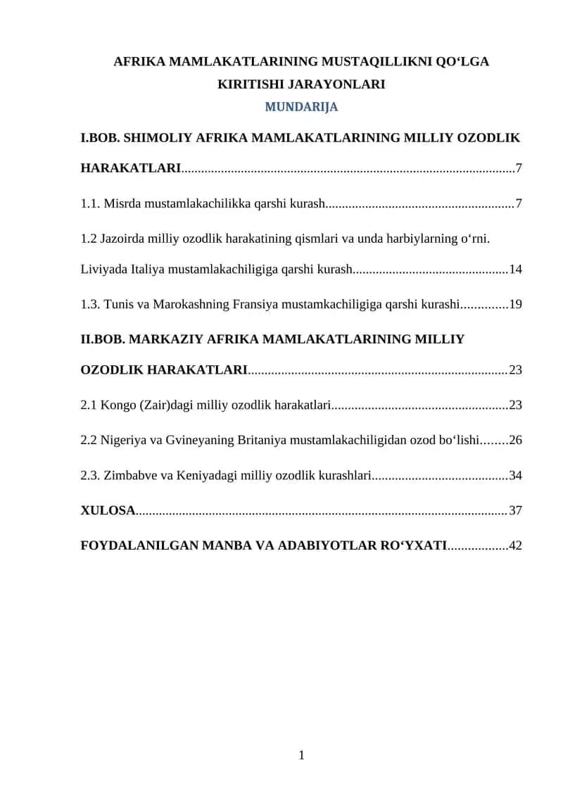 AFRIKA MAMLAKATLARINING MUSTAQILLIKNI QO‘LGA KIRITISHI JARAYONLARI