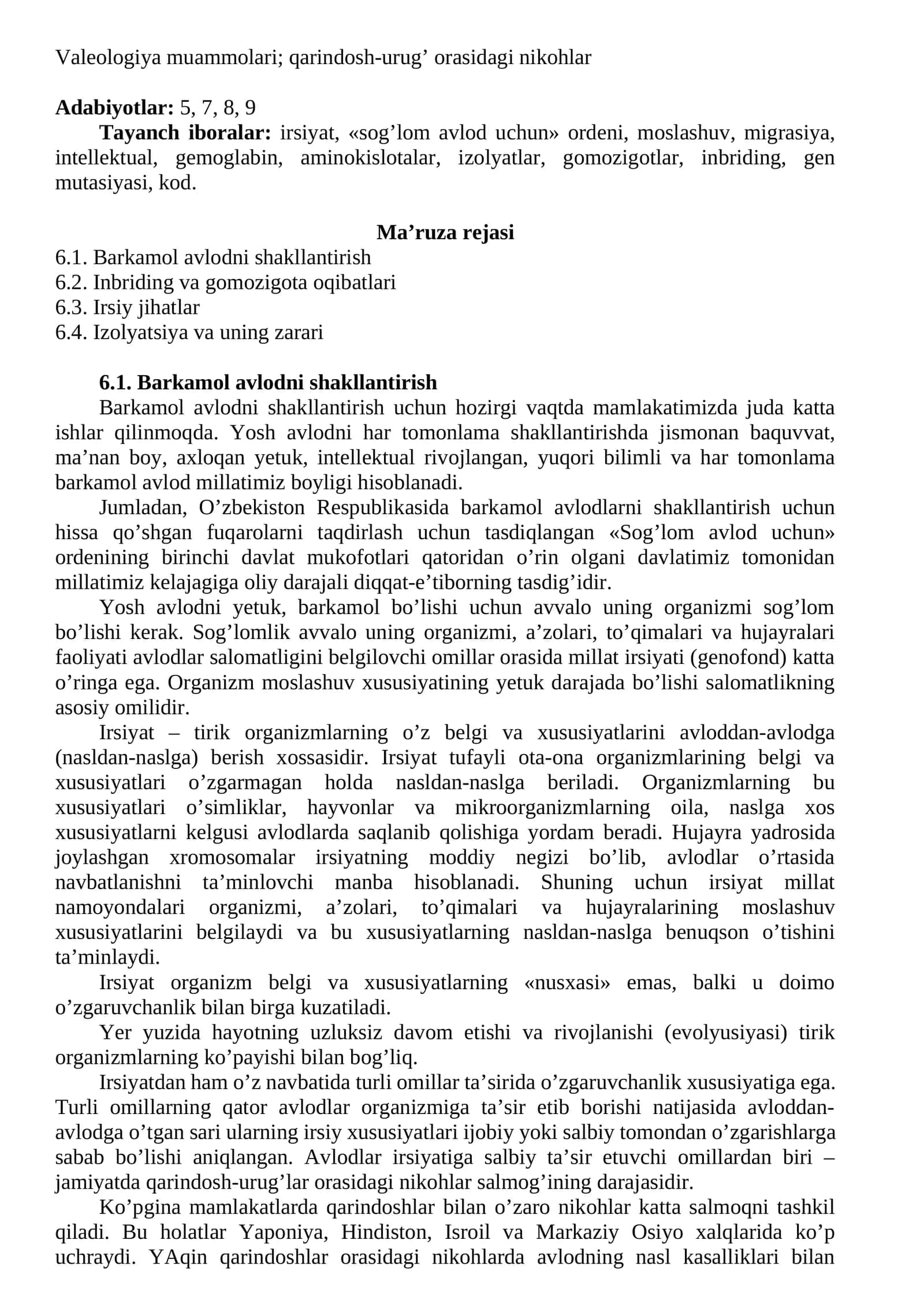 Valeologiya muammolari; qarindosh-urug’ orasidagi nikohlar