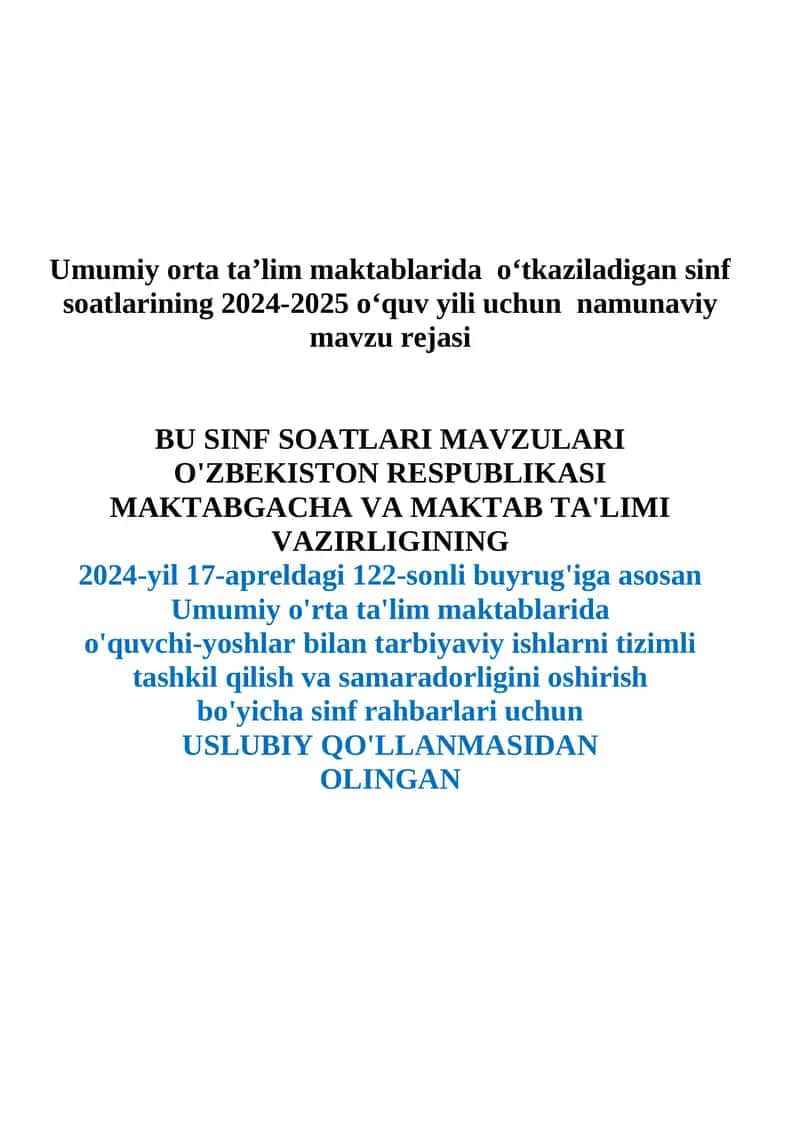2024-2025 o‘quv yili uchun namunaviy mavzu rejasi