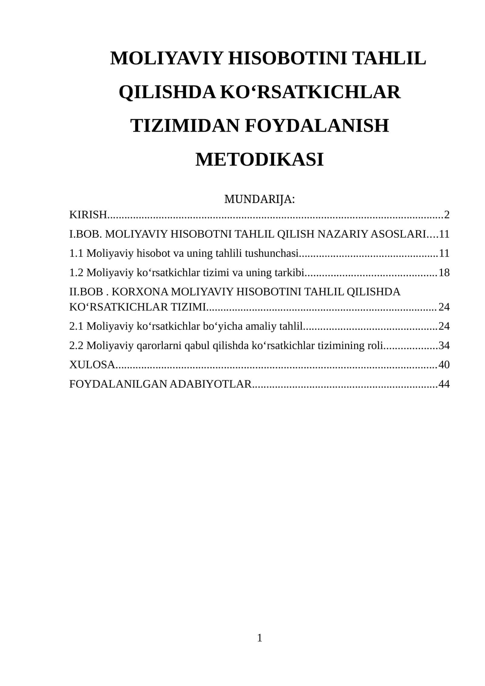 MOLIYAVIY HISOBOTINI TAHLIL QILISHDA KOʻRSATKICHLAR TIZIMIDAN FOYDALANISH METODIKASI