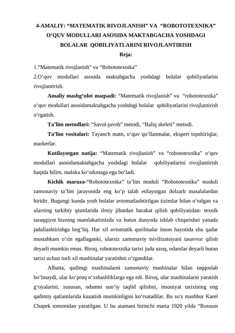 4-AMALIY: “MATEMATIK RIVOJLANISH” VA “ROBOTOTEXNIKA” O‘QUV MODULLARI ASOSIDA MAKTABGACHA YOSHDAGI BOLALAR QOBILIYATLARINI RIVOJLANTIRISH