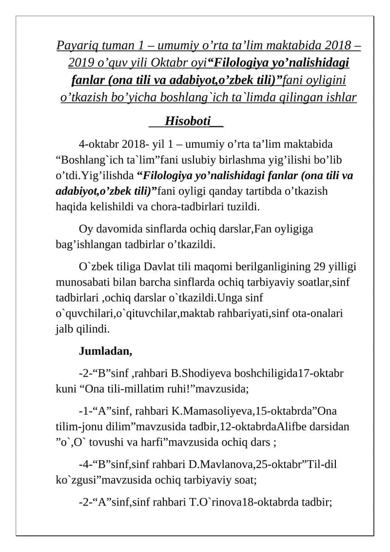 Filologiya yo'nalishidagi fanlar (ona tili va adabiyot, o'zbek tili)