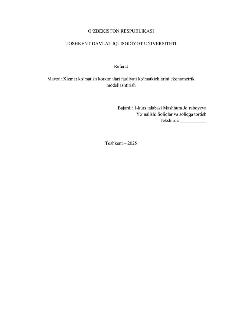 Oʻzbekistonda xizmat koʻrsatish korxonalarini ekonometrik modellashtirish