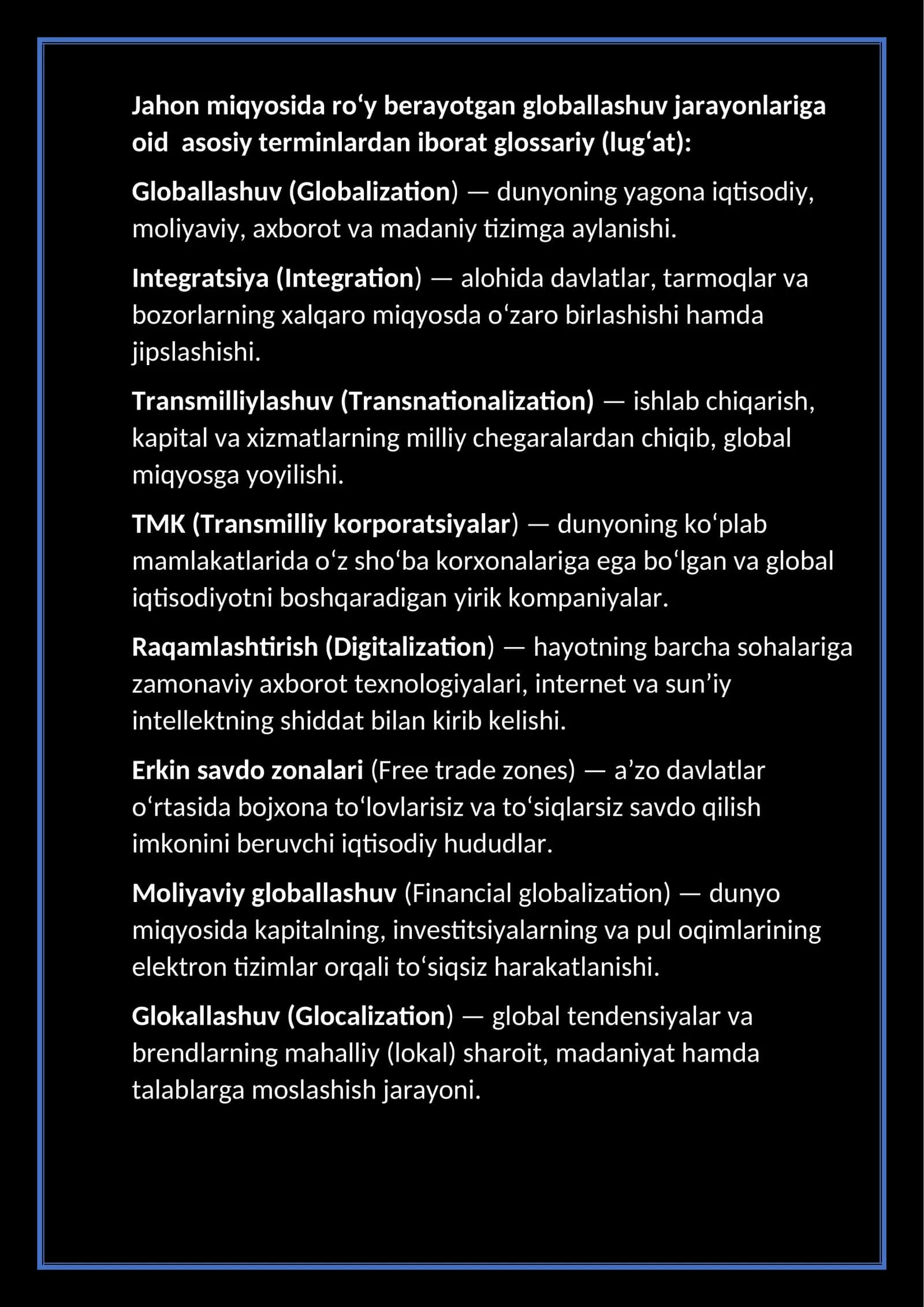jahon miqyosda yuz berayotgan globallashuv termin