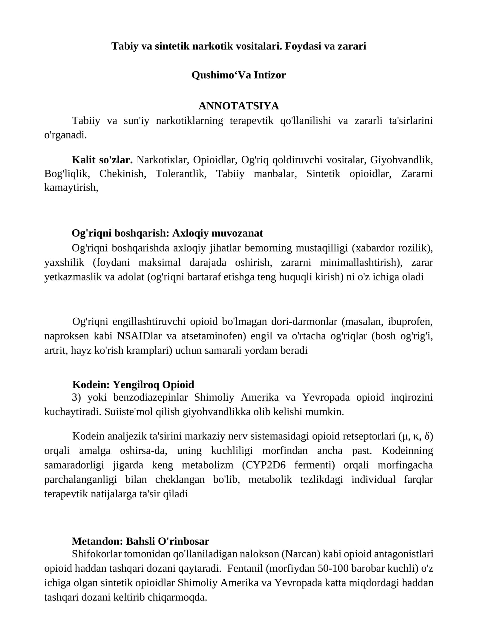 Tabiy va sintetik narkotik vositalari