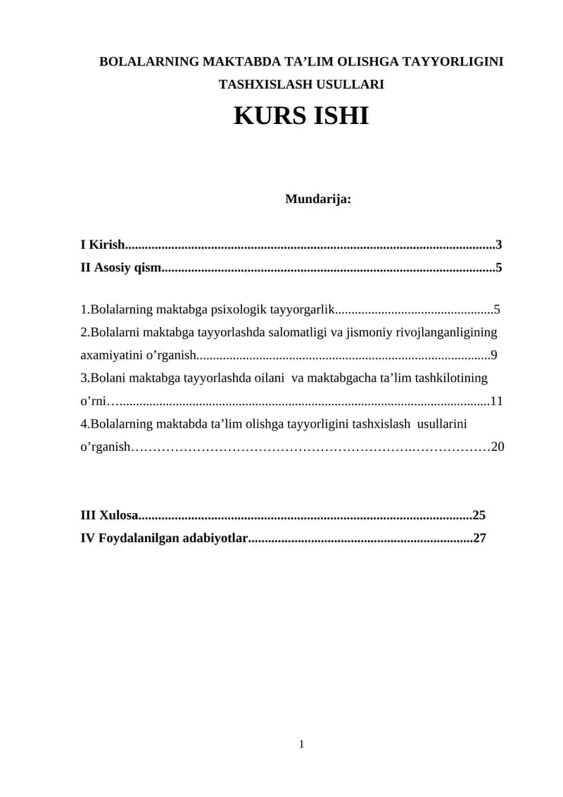 BOLALARNING MAKTABDA TA’LIM OLISHGA TAYYORLIGINI TASHXISLASH USULLARI
