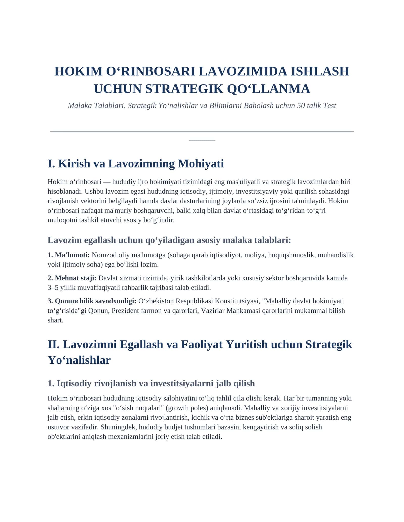 Hokim o‘rinbosari lavozimida ishlash uchun strategik qo‘llanma