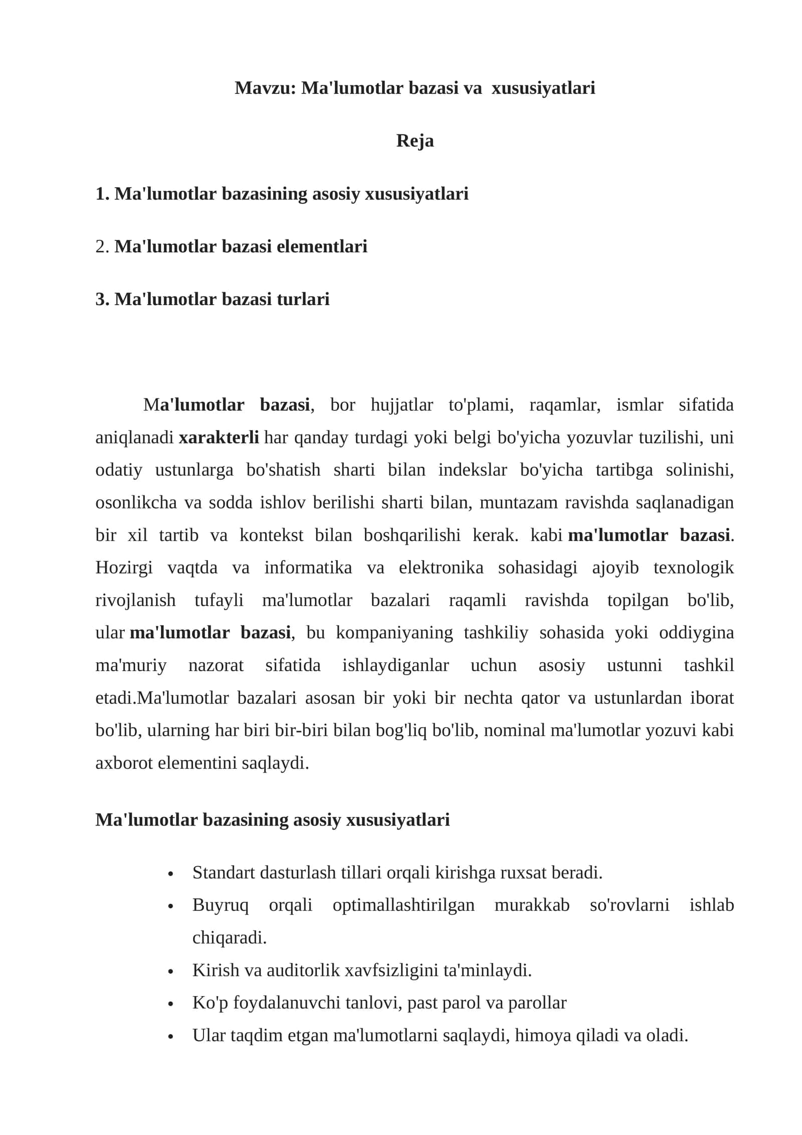 Ma'lumotlar bazasi va xususiyatlari
