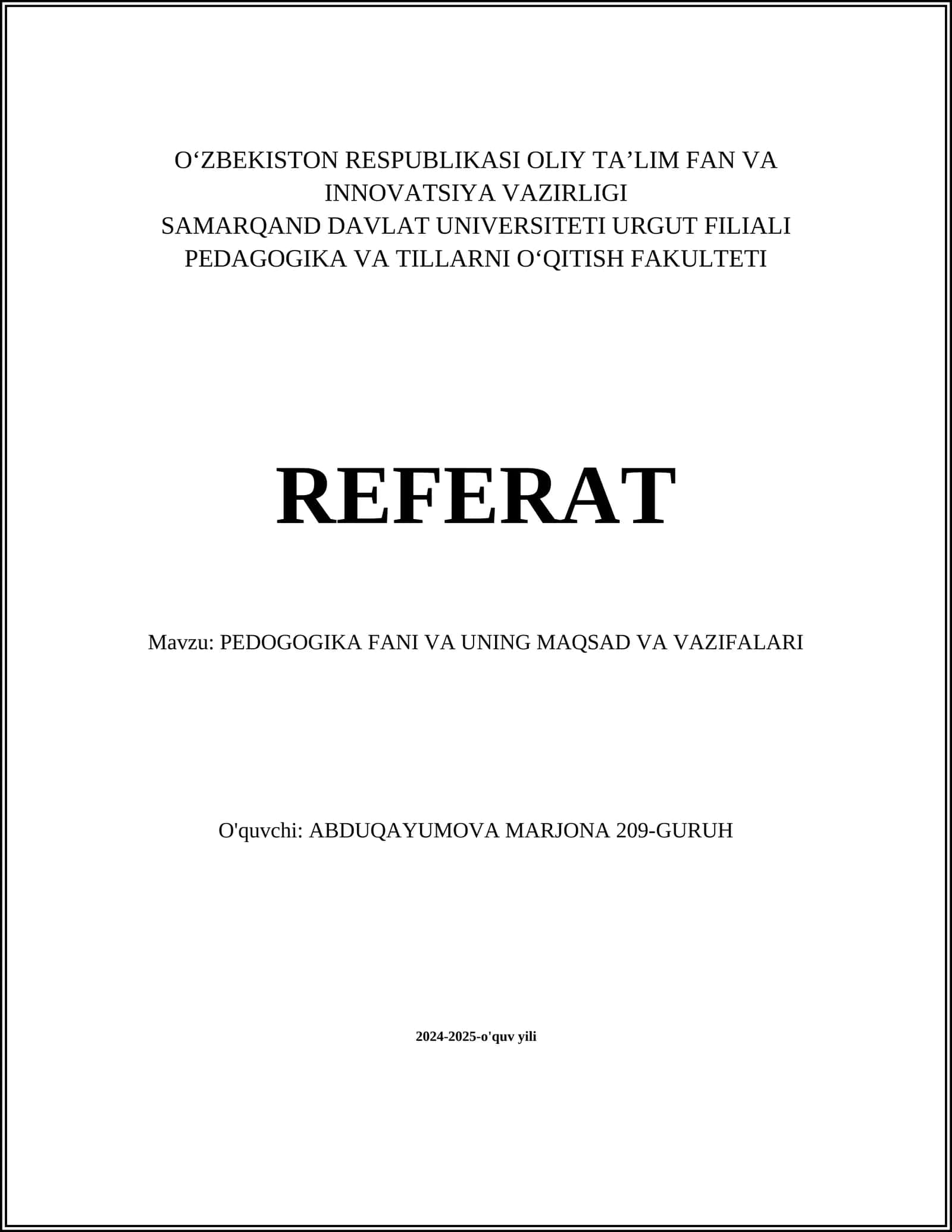 PEDOGOGIKA FANI VA UNING MAQSAD VA VAZIFALARI