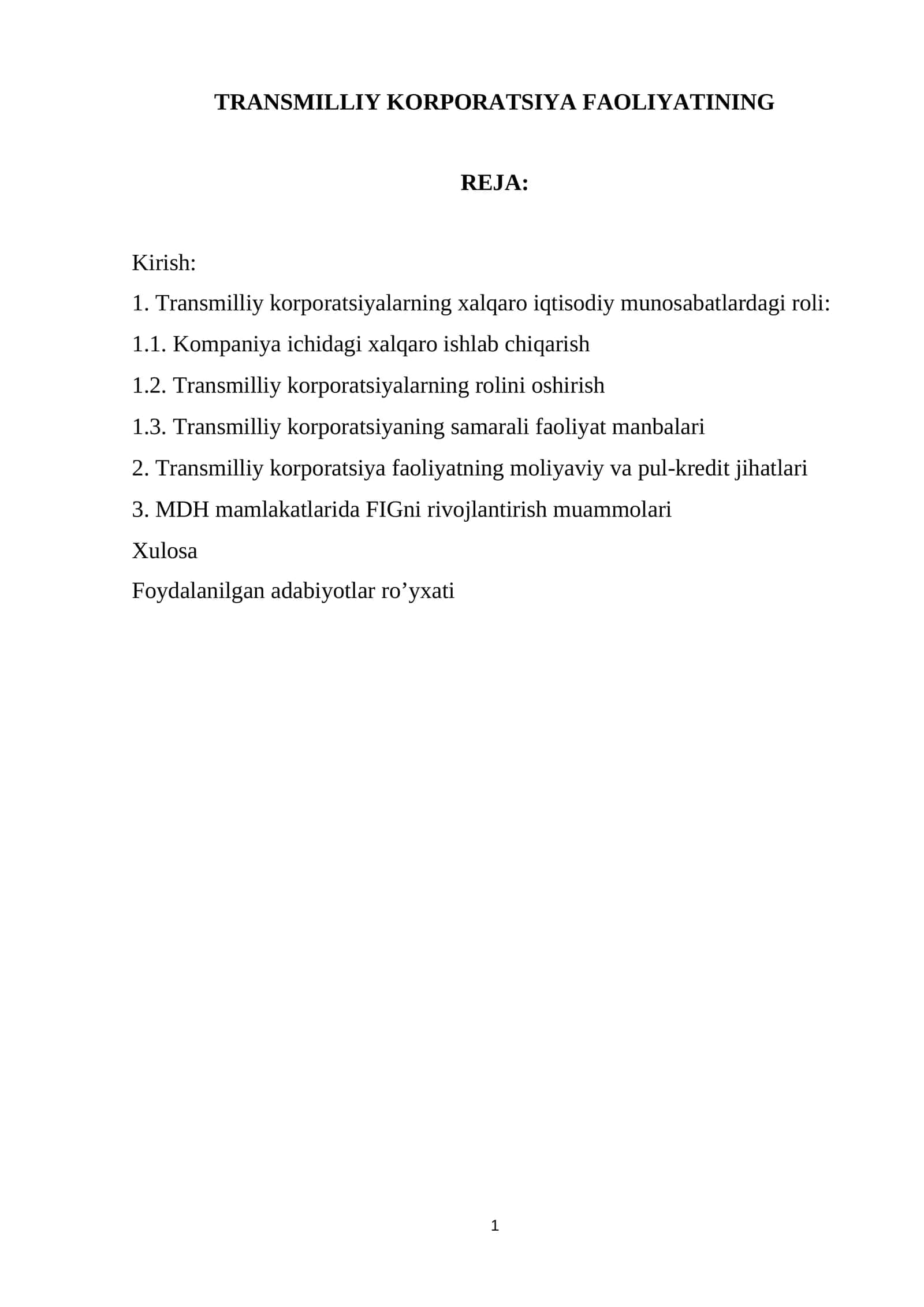 Transmilliy Korporatsiya Faoliyatining Rejasi