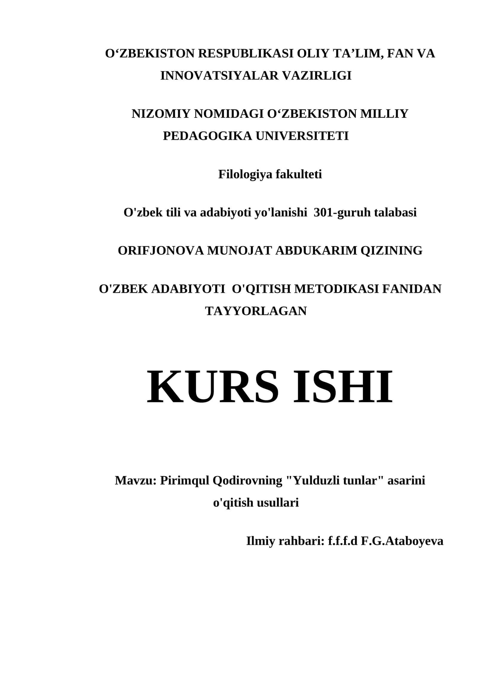 PIRIMQUL QODIROVNING "YULDUZLI TUNLAR" ASARINI O'QITISH USULLARI