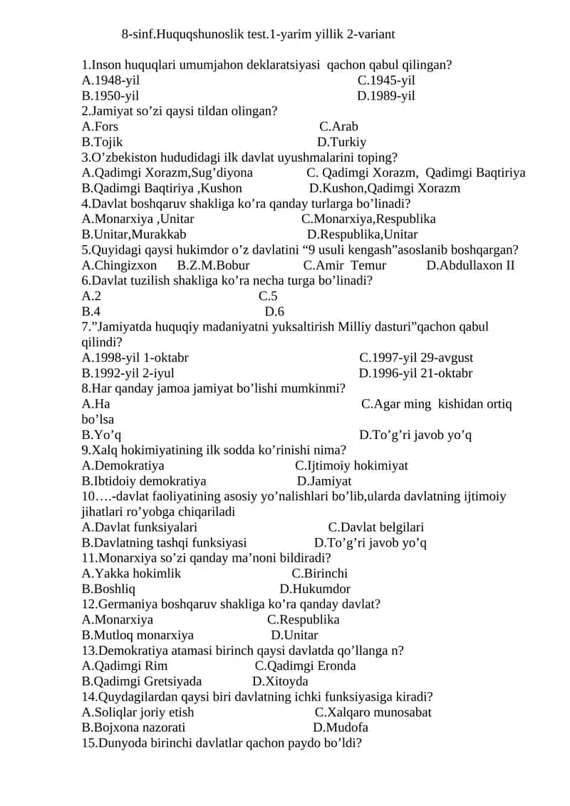 8-sinf.Huquqshunoslik test.1-yarim yillik 2-variant